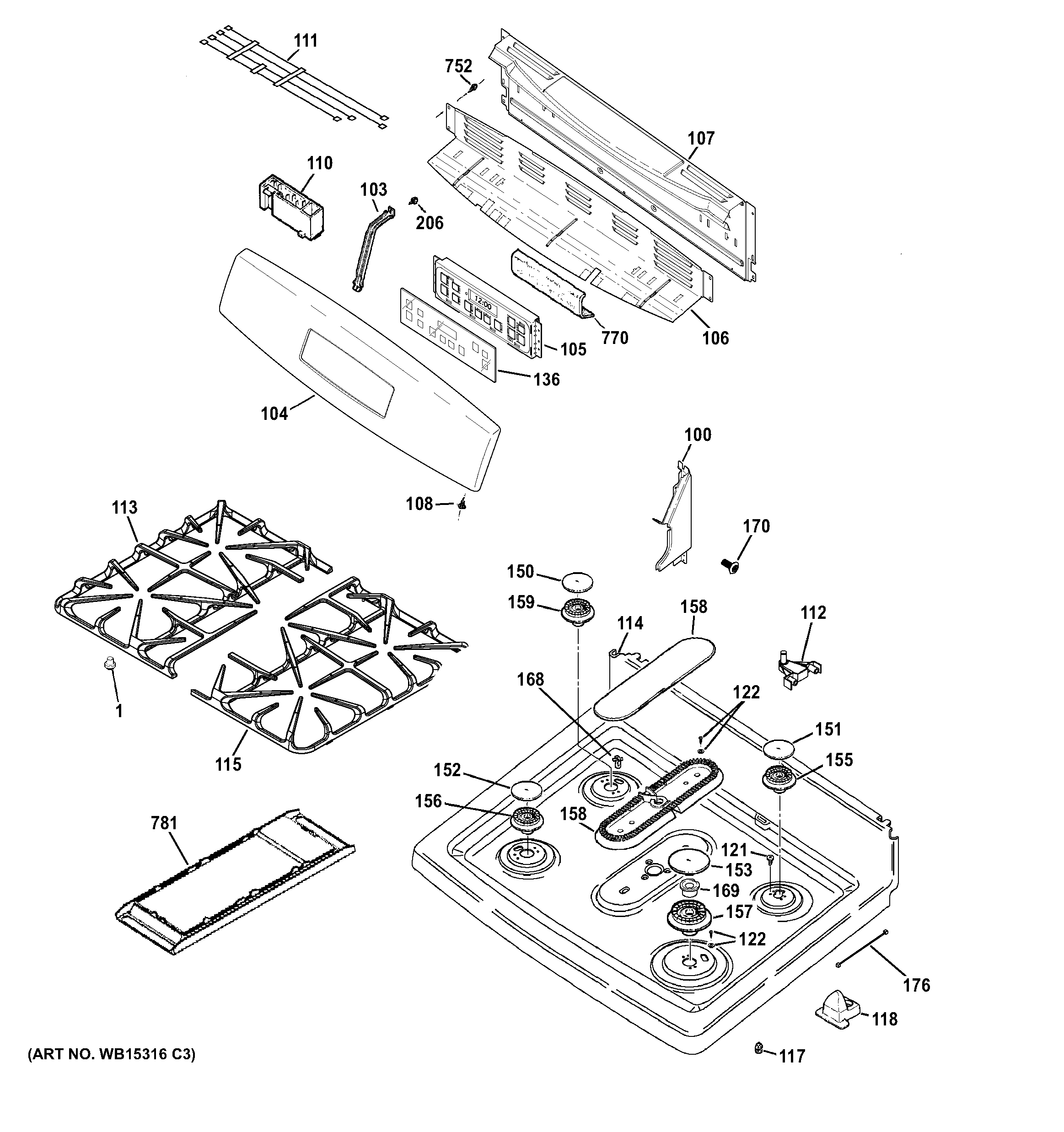 GE JGB697DEH1WW control panel & cooktop diagram