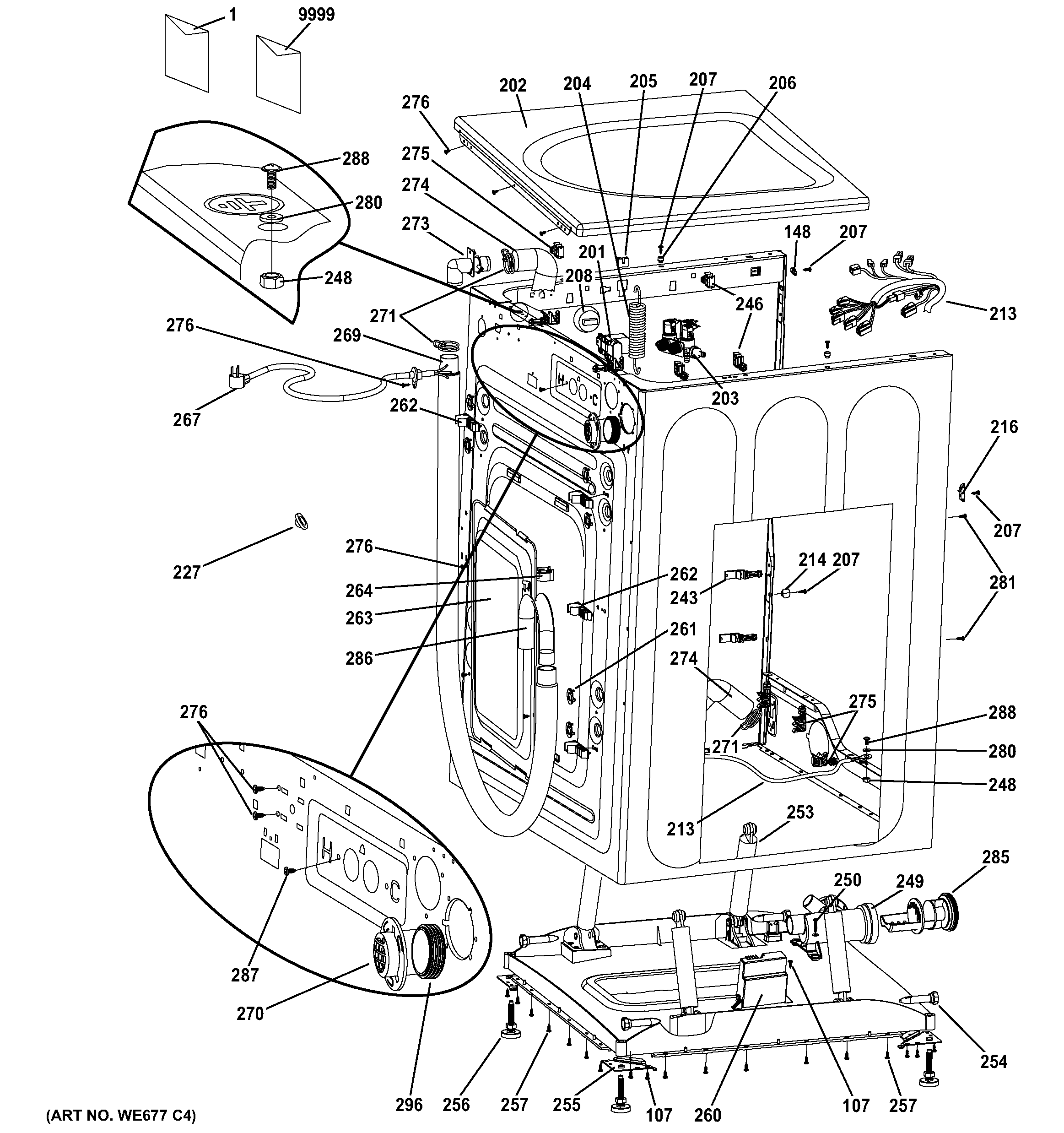 GE GFWH1200D1WW cabinet & top panel diagram