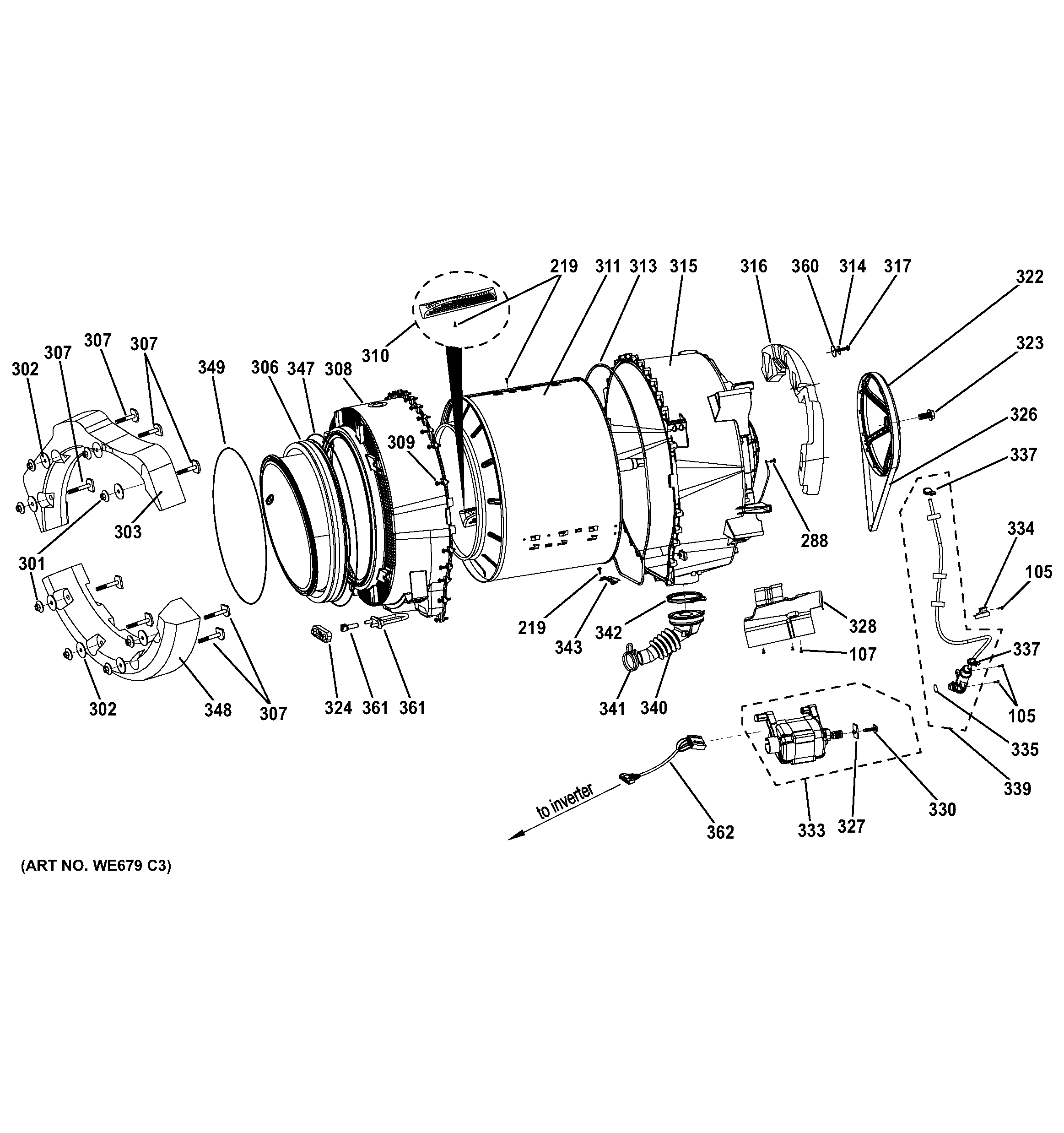 GE GFWH1200D1WW tub & motor diagram
