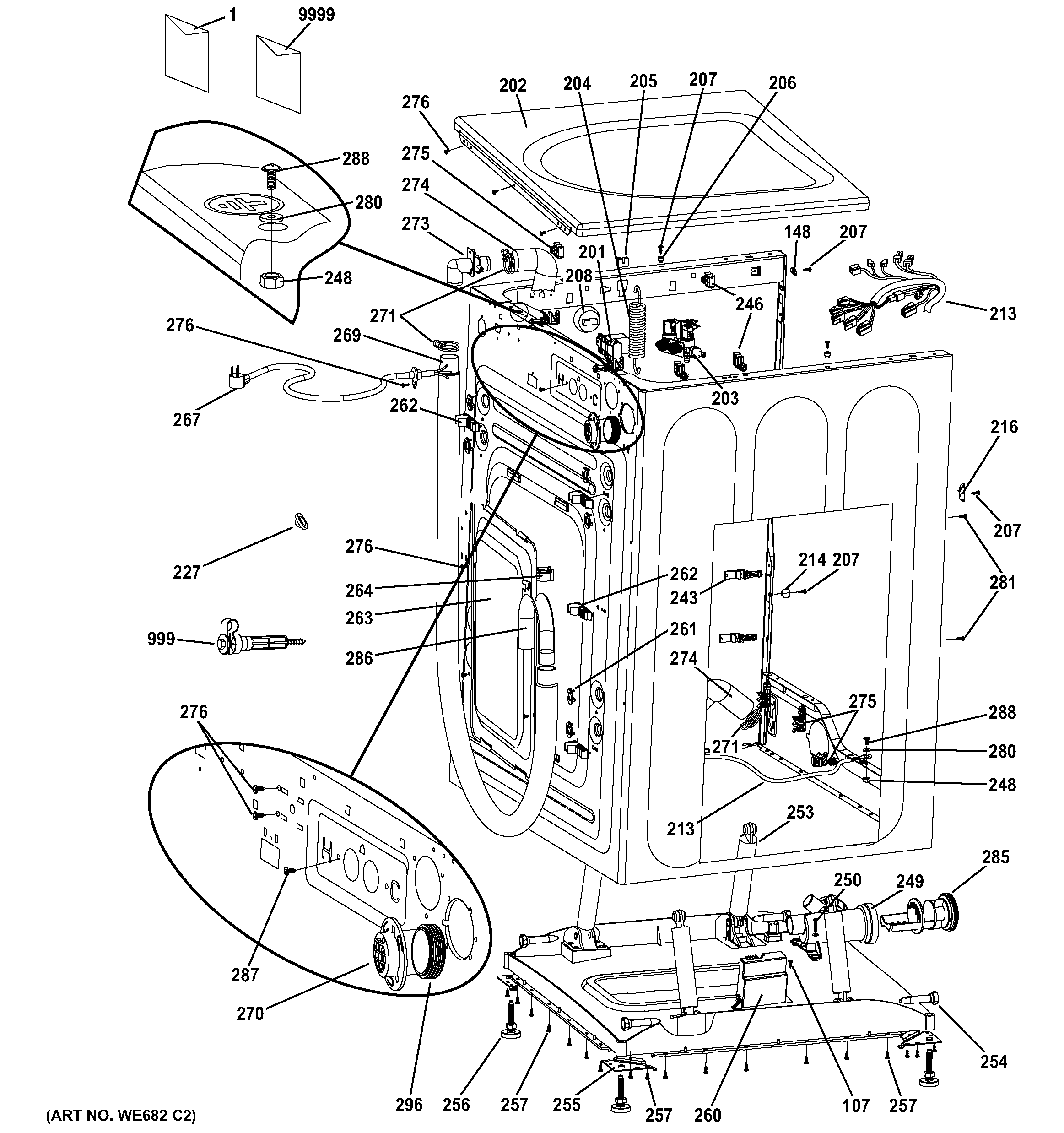 GE GFWS1500D1WW cabinet & top panel diagram