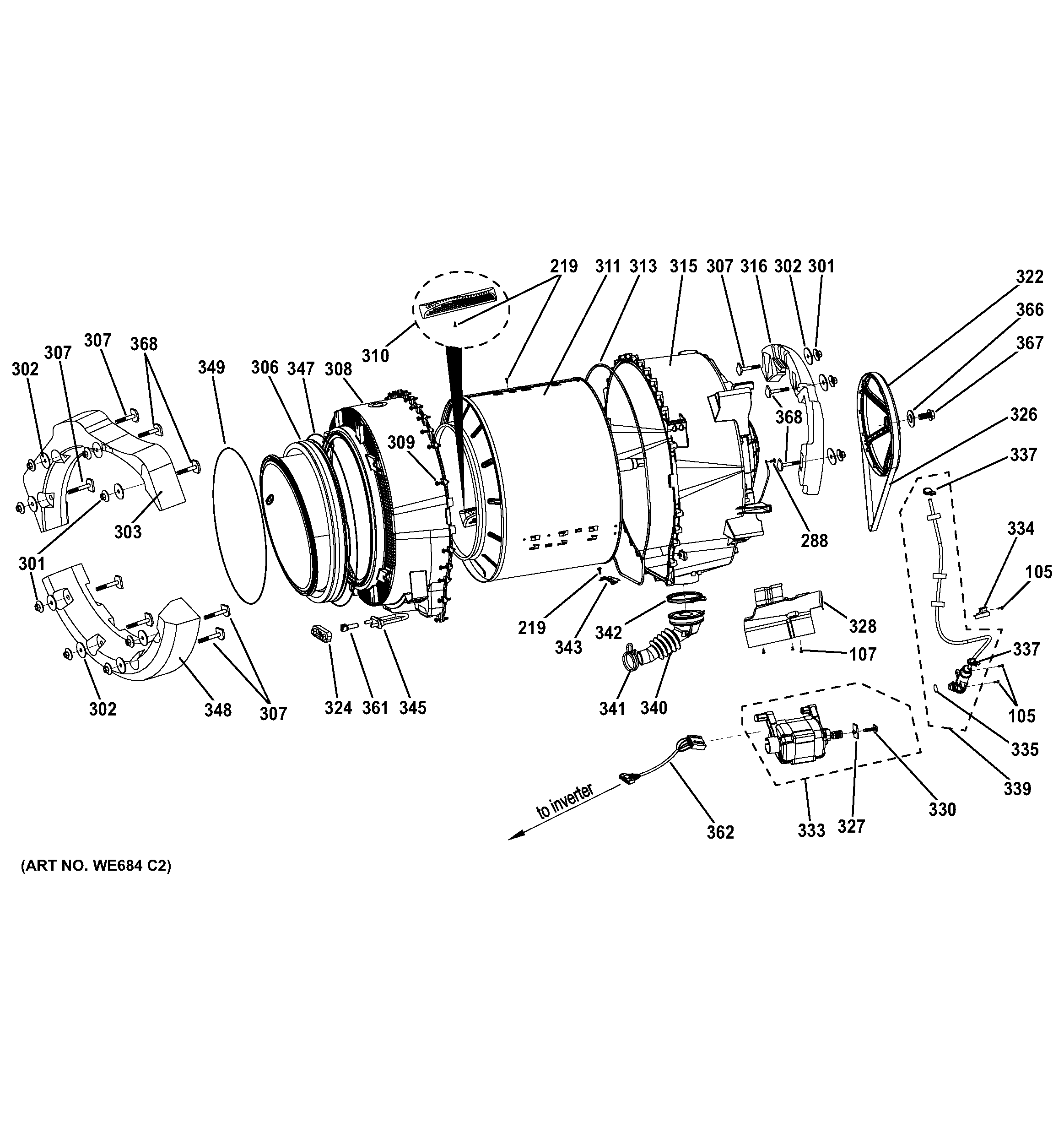 GE GFWS1500D1WW tub & motor diagram