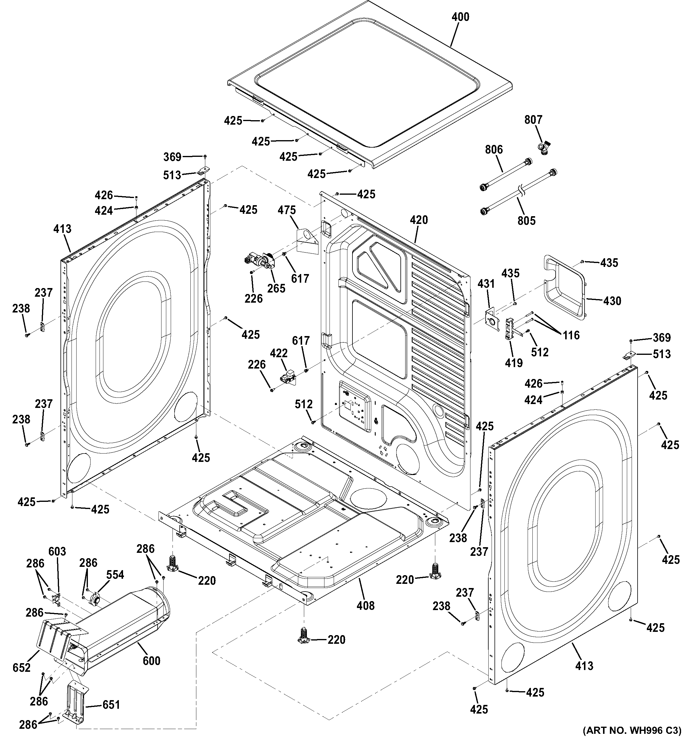 GE GFDS265EF0MC cabinet & top panel diagram