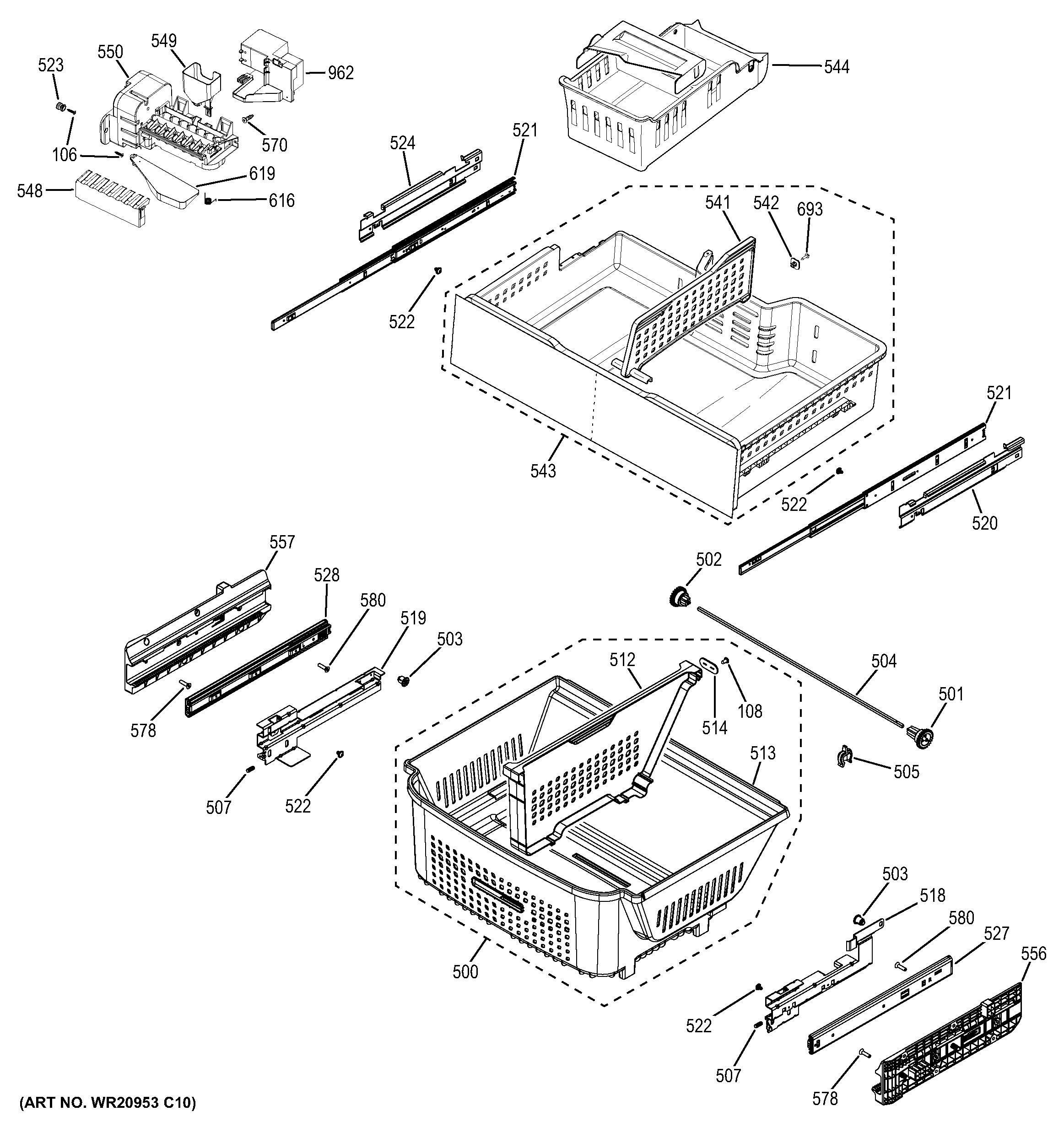 GE ZWE23PSHBSS freezer shelves diagram