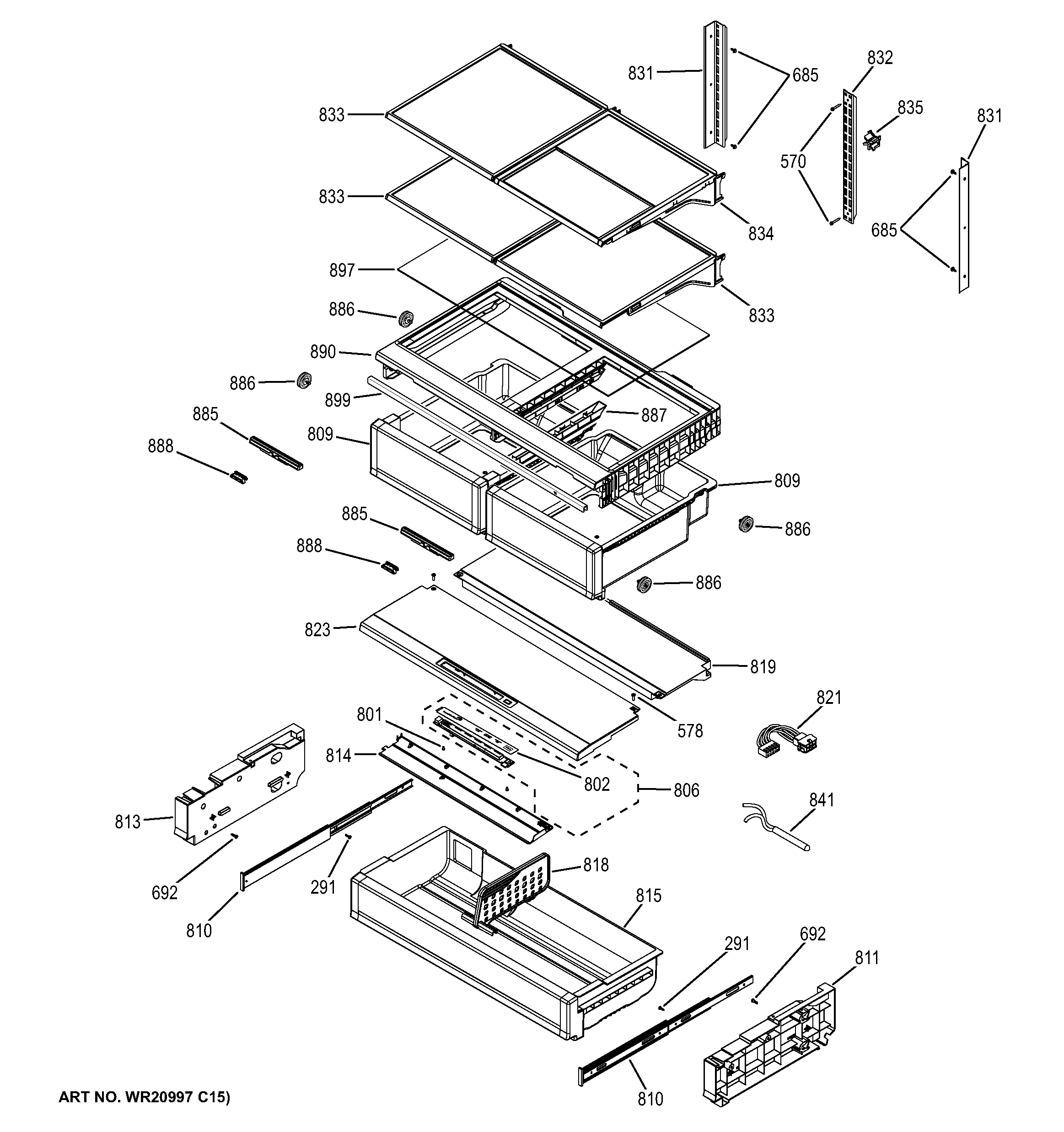 GE ZWE23PSHBSS fresh food shelves diagram