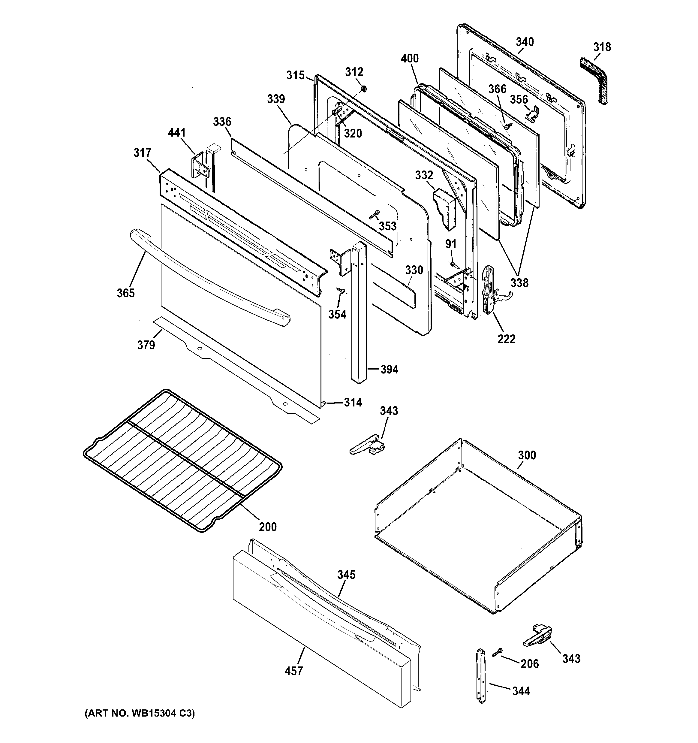 GE JGB450DEF1WW door & drawer parts diagram