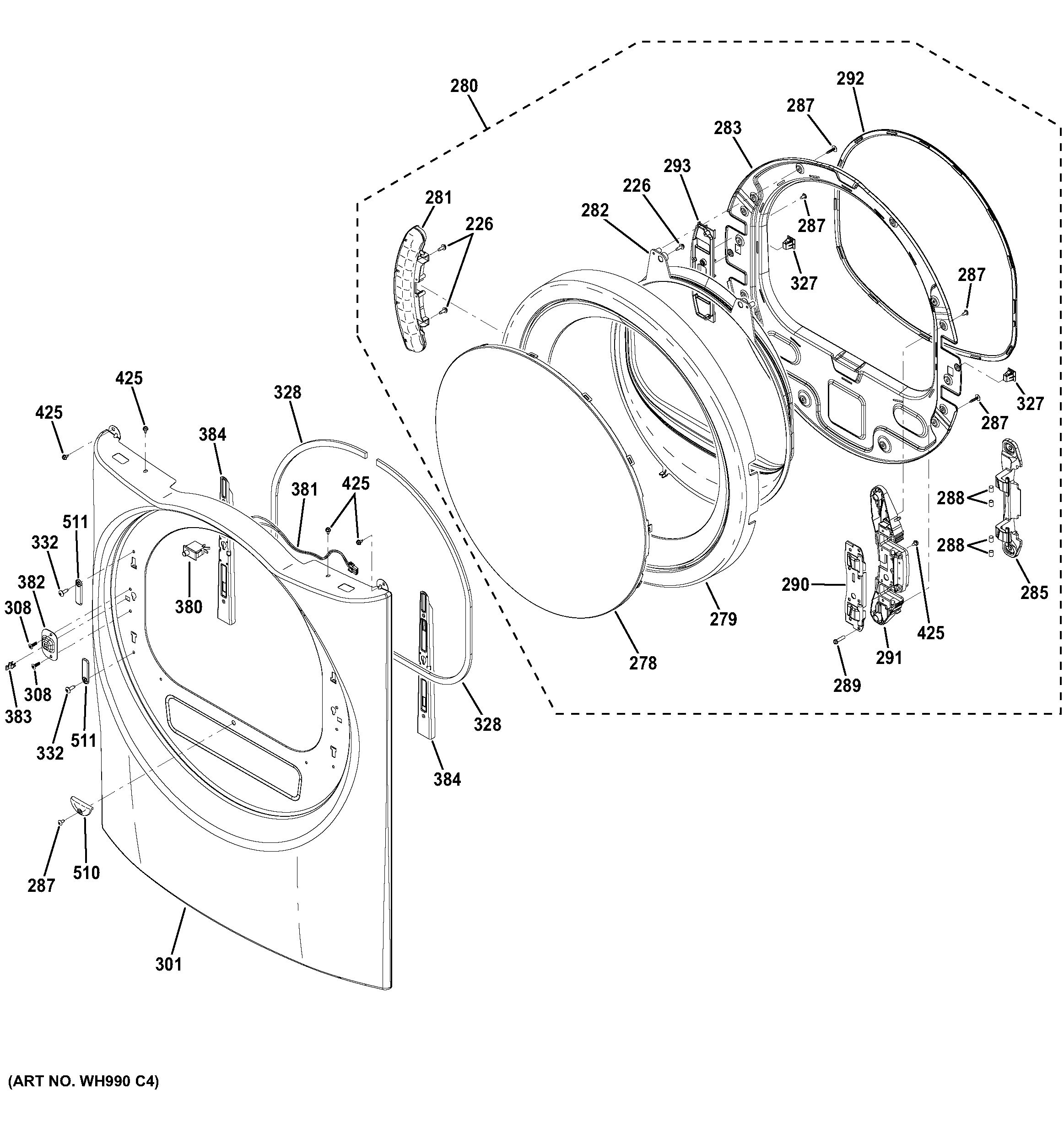 GE GHDS365EF1MC front panel & door diagram