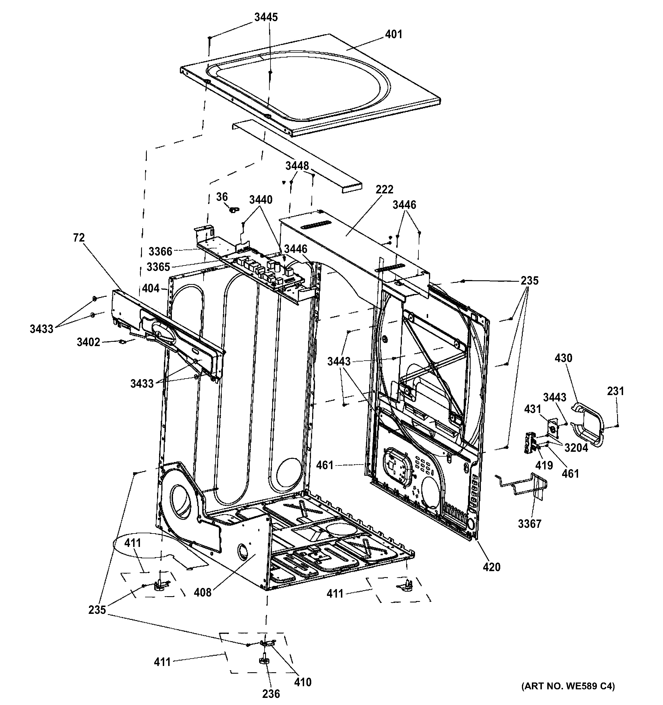 GE GFDN240EL0WW cabinet & top panel diagram