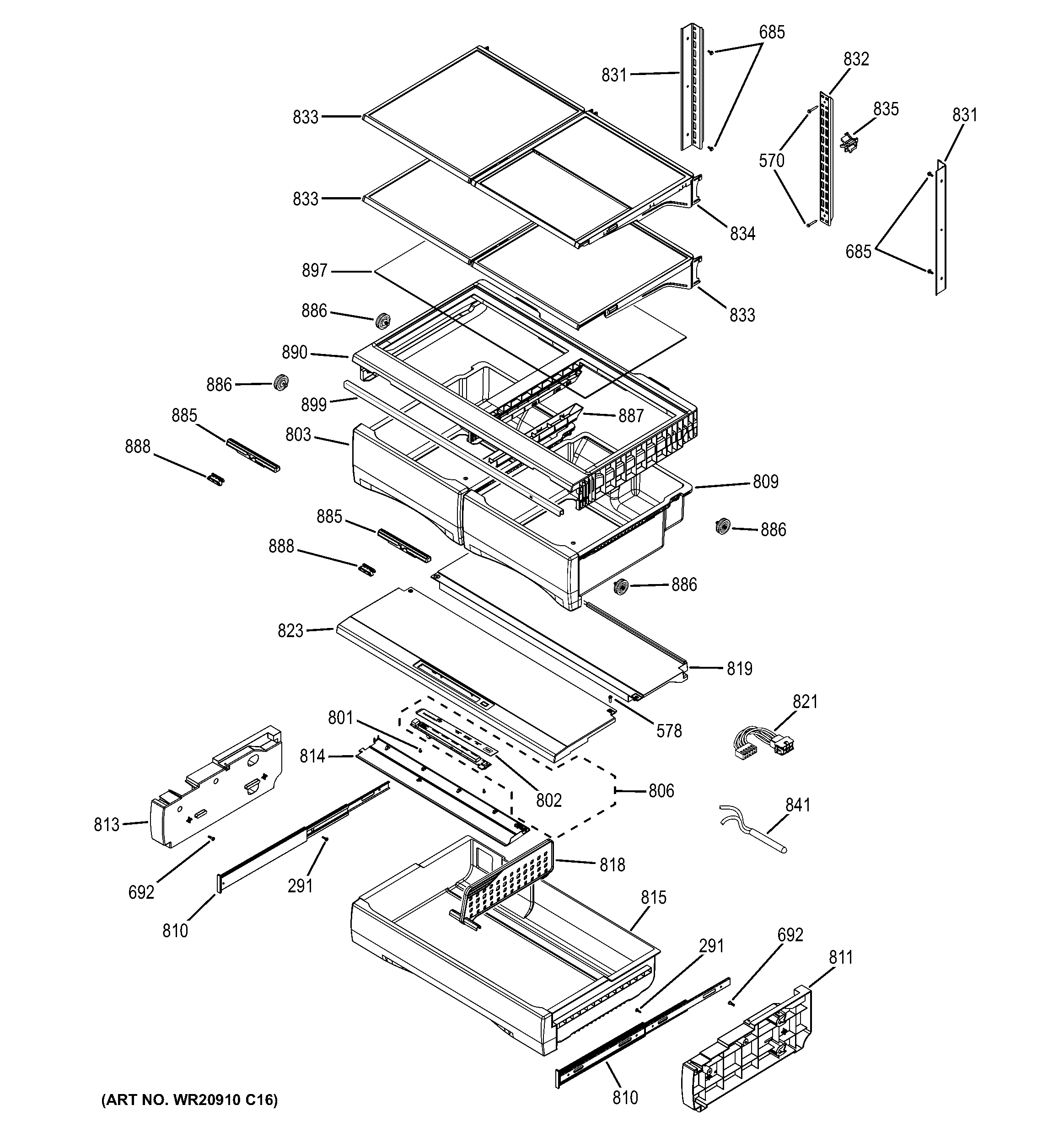 GE PFE28RSHDSS fresh food shelves diagram