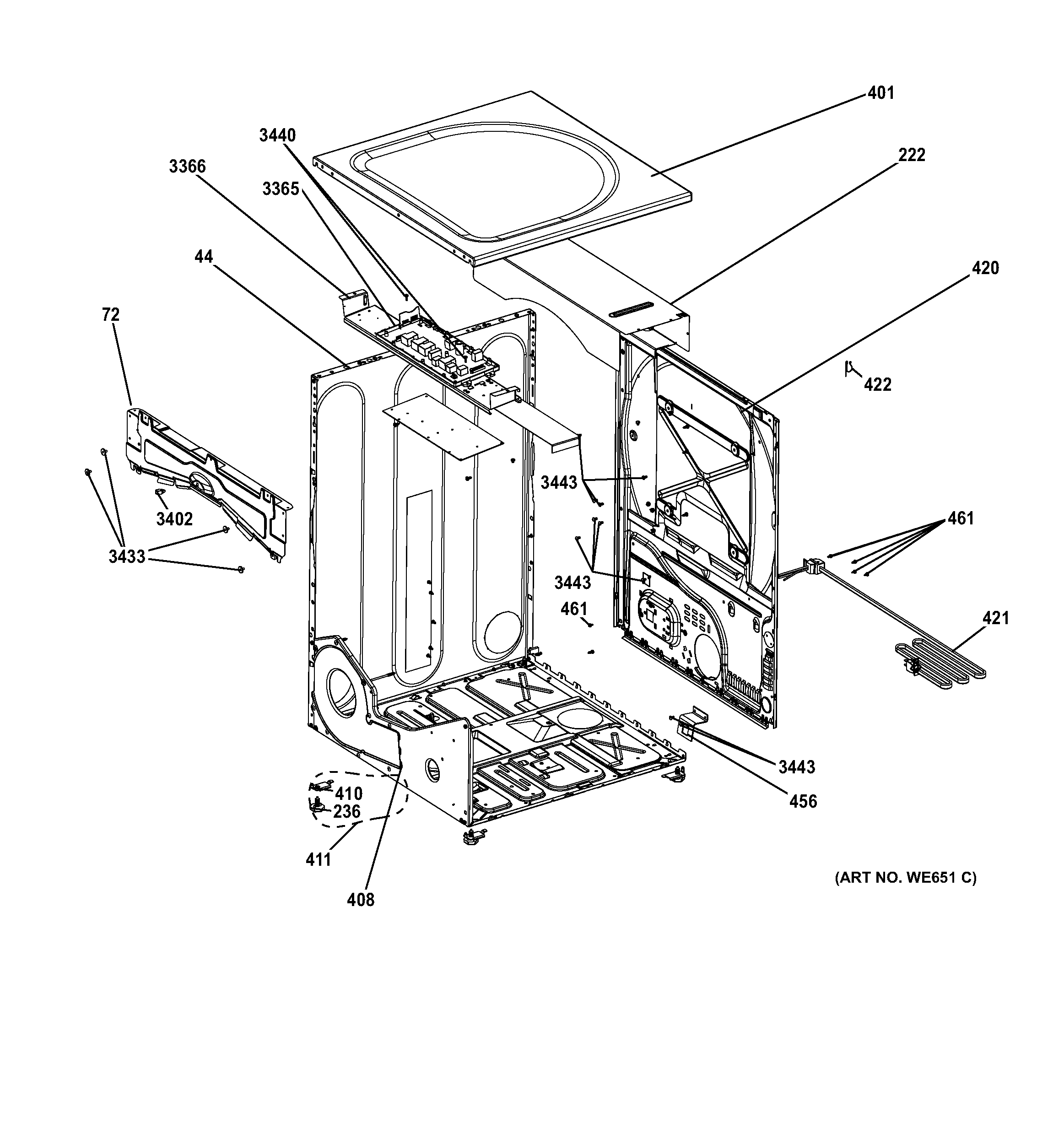 GE GFDN120GD0WW cabinet & top panel diagram