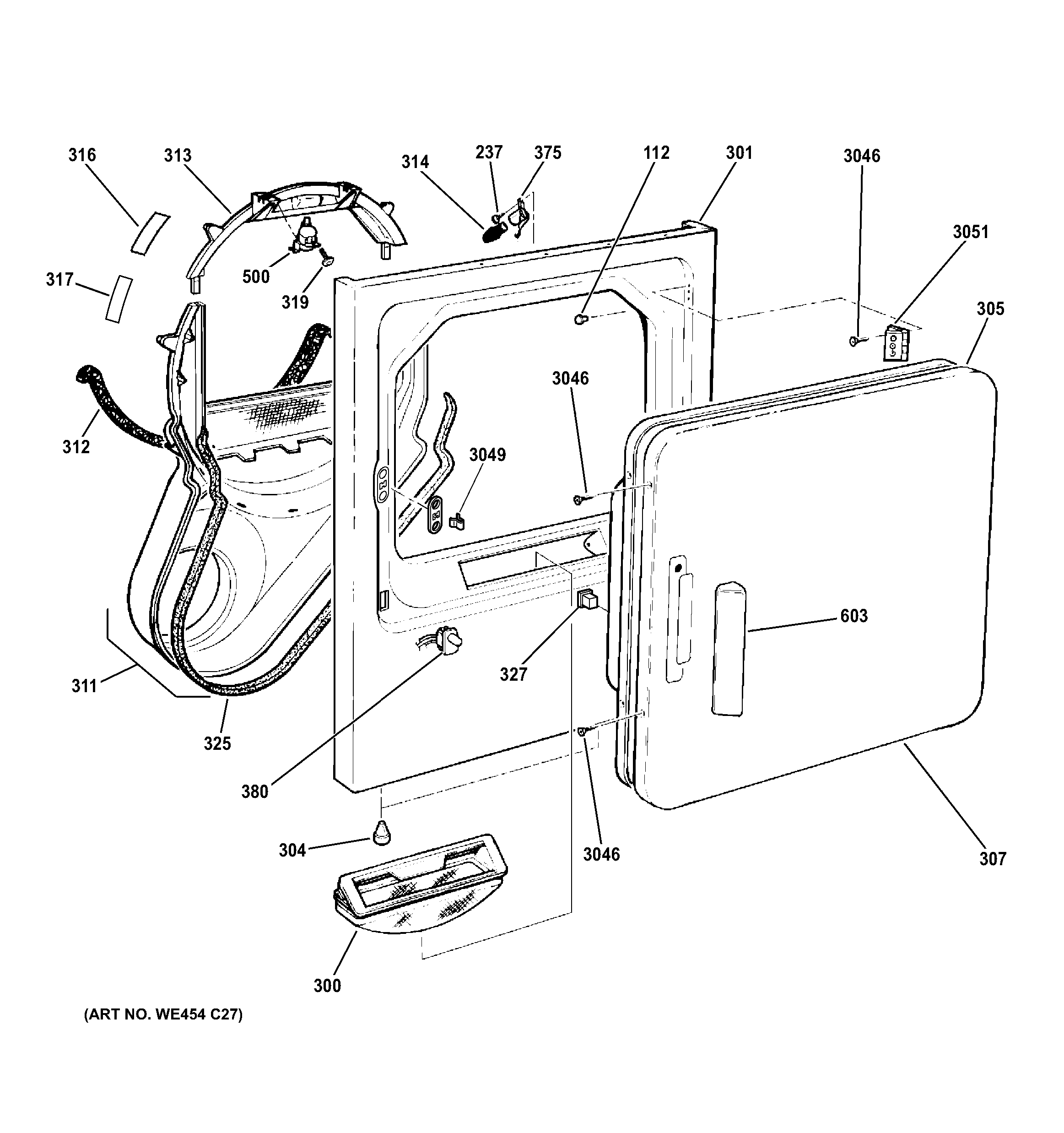 GE GTDX180GD5WW front panel & door diagram