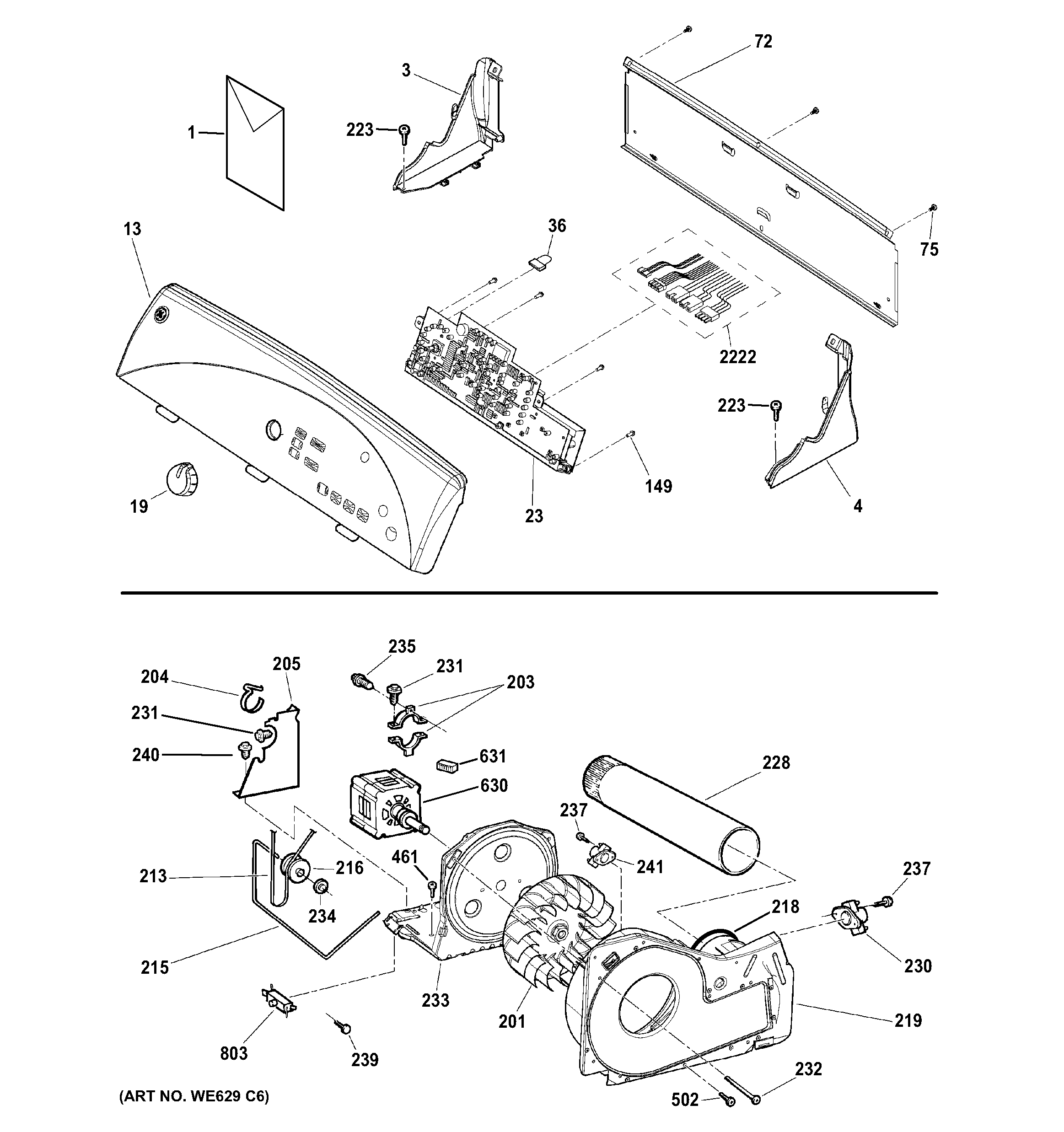 GE GTDN550ED4WW backsplash, blower & motor assembly diagram