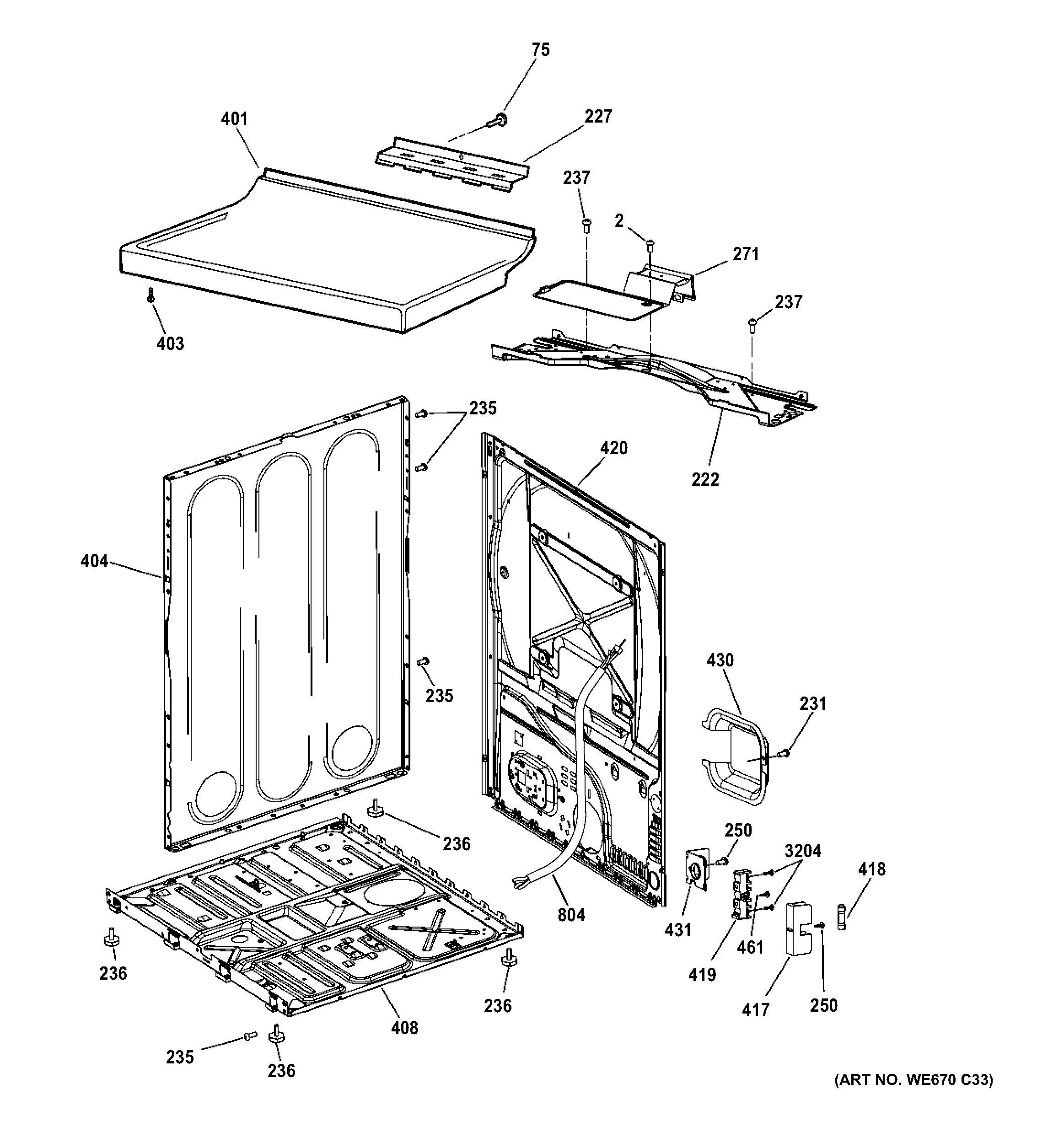 GE GTDP520ED4WW cabinet & top panel diagram
