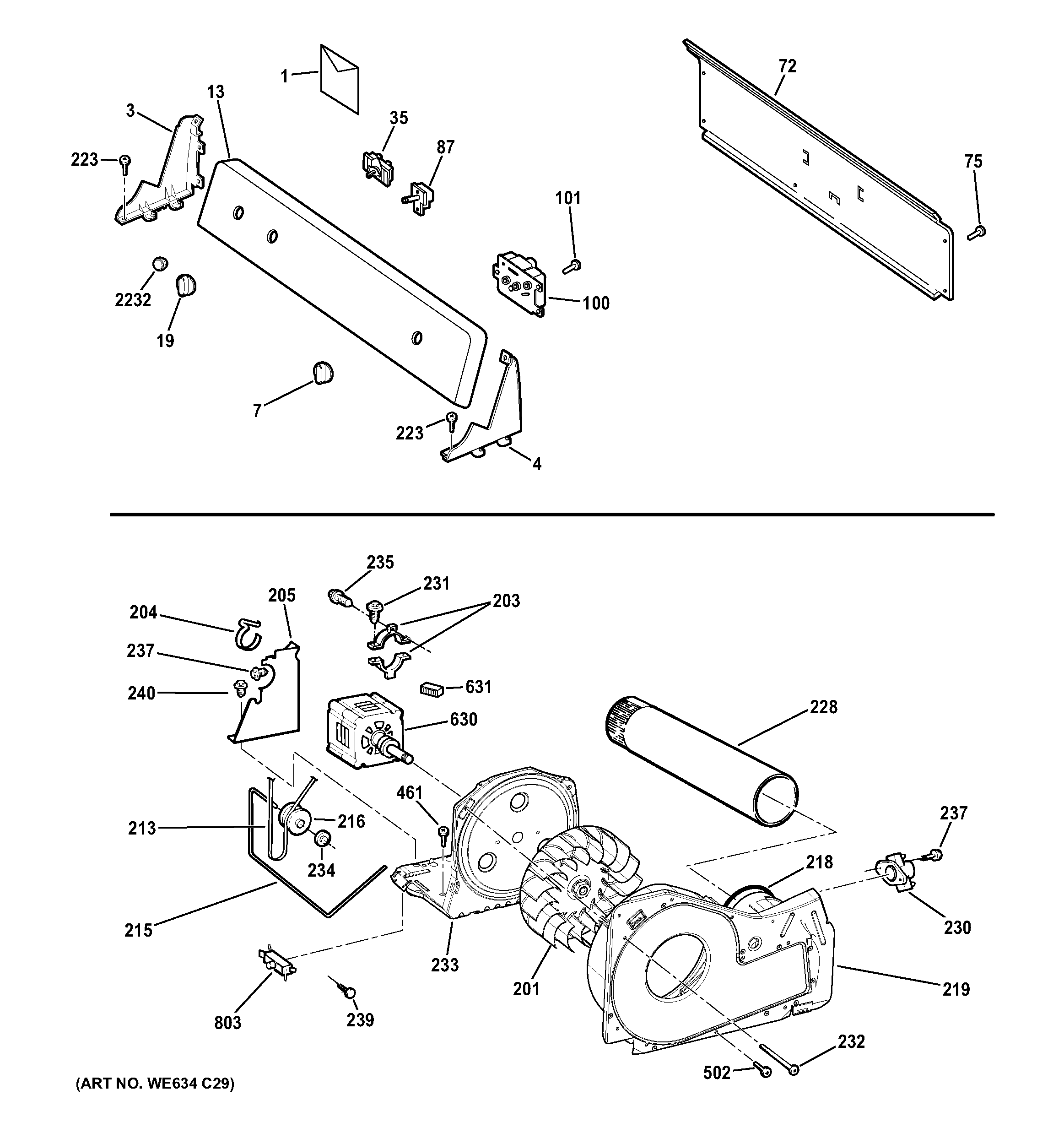 Hotpoint HTDX100EM7WW backsplash, blower & motor assembly diagram