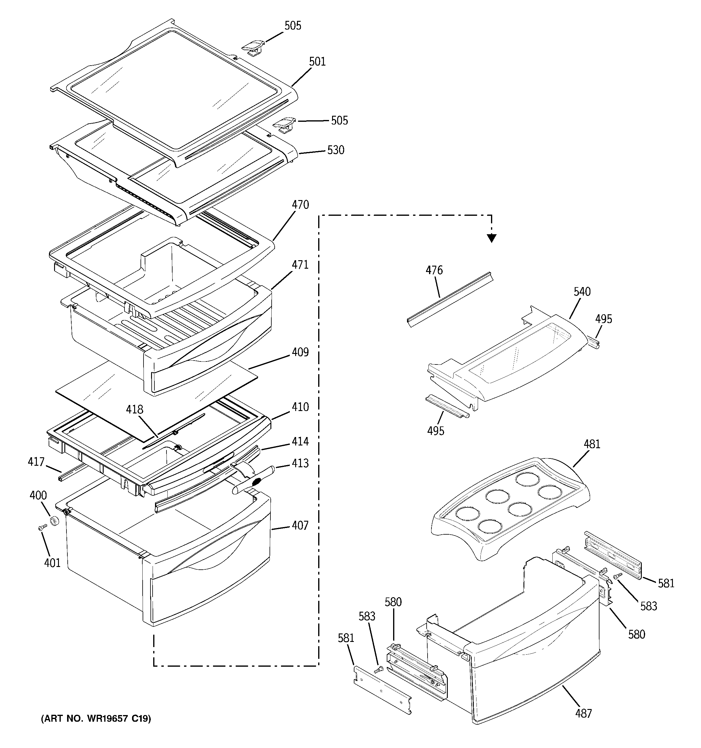 GE PSI23MGTEWV fresh food shelves diagram
