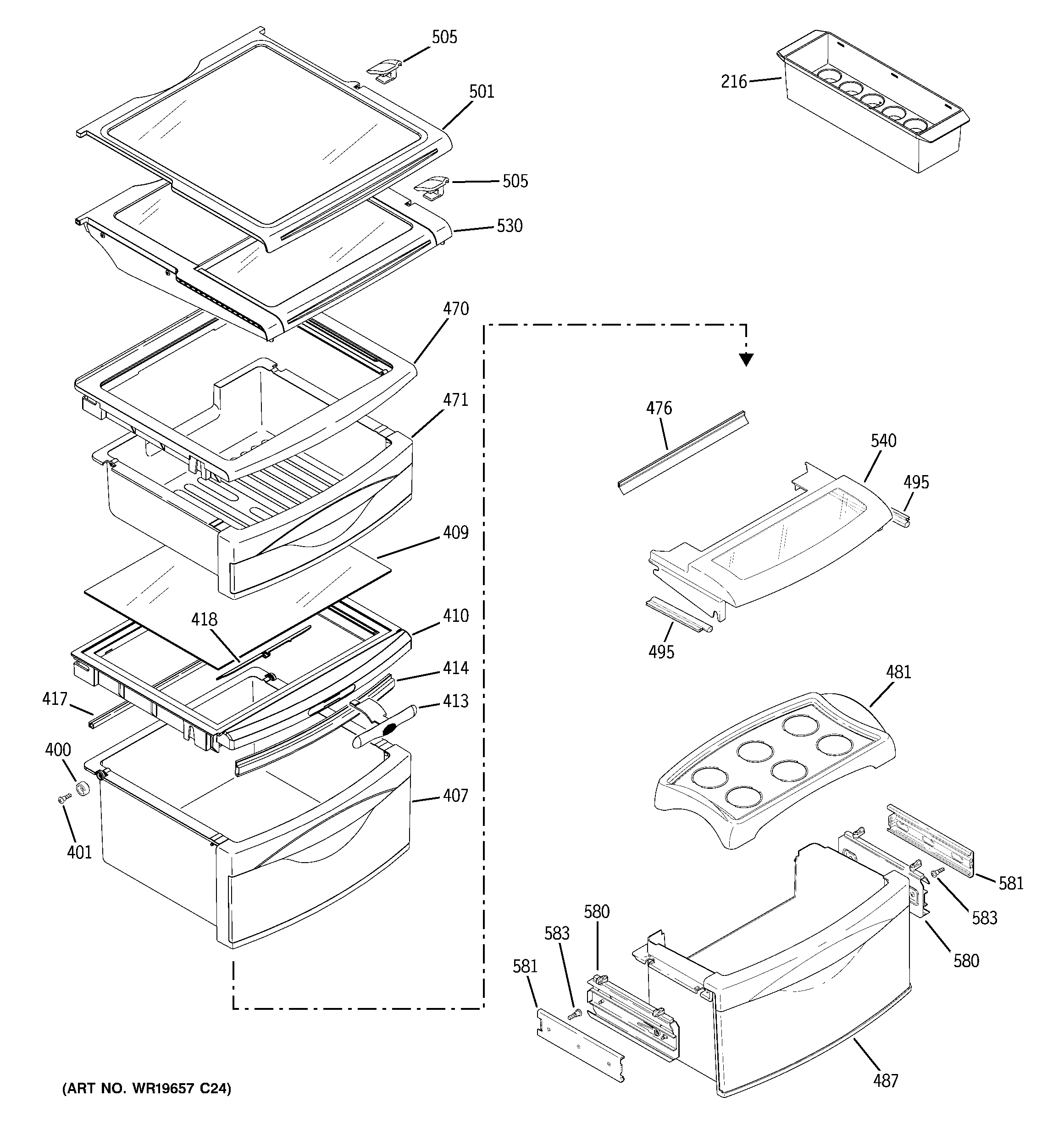 GE PIE23NGTCFSV fresh food shelves diagram