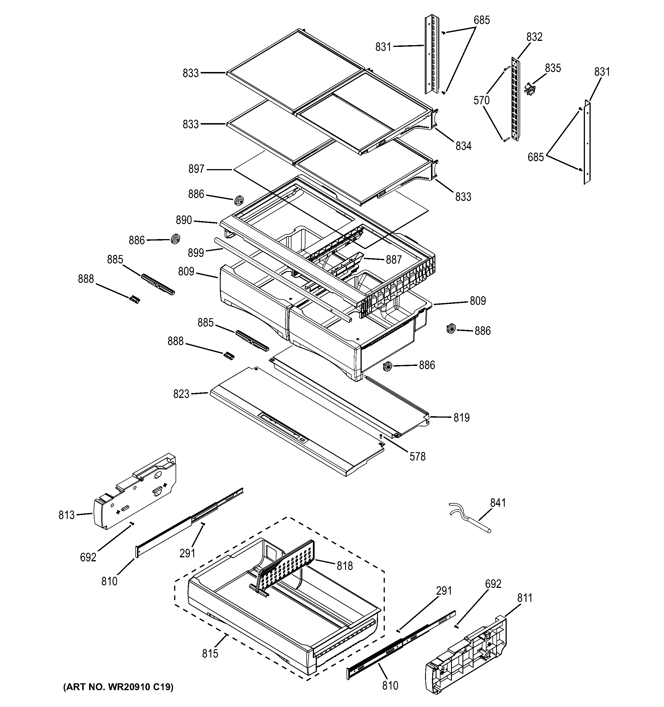 GE GYE22KSHCSS fresh food shelves diagram