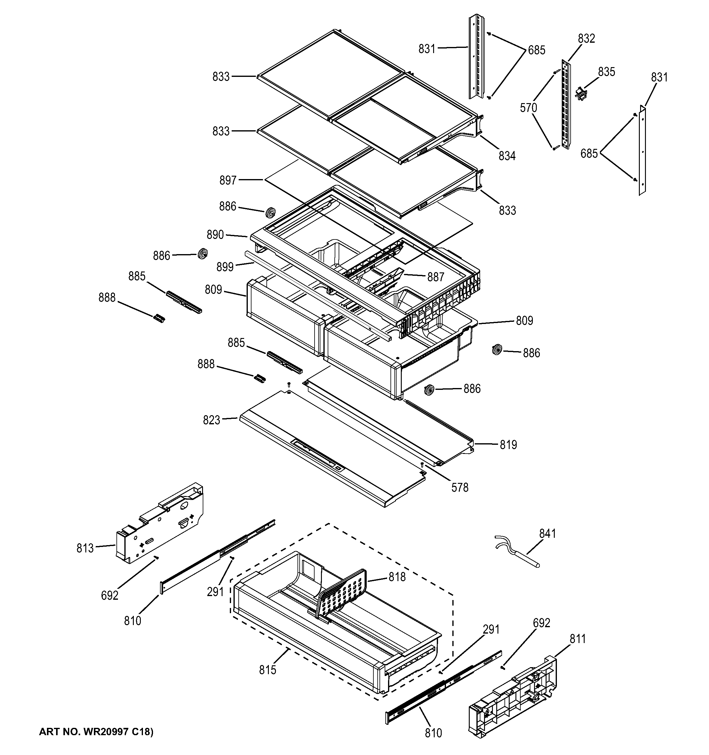 GE ZWE23PSHCSS fresh food shelves diagram