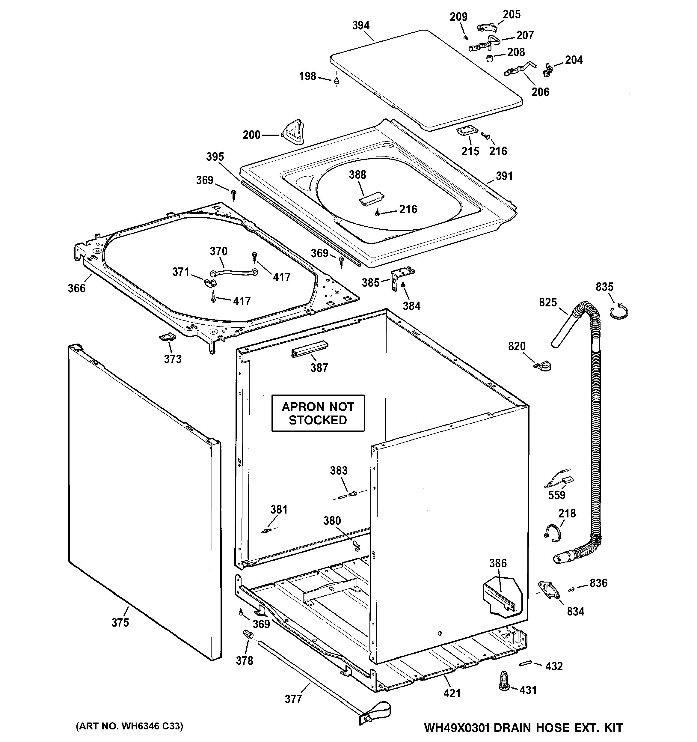 GE GHWN4250D0WW cabinet, cover & front panel diagram