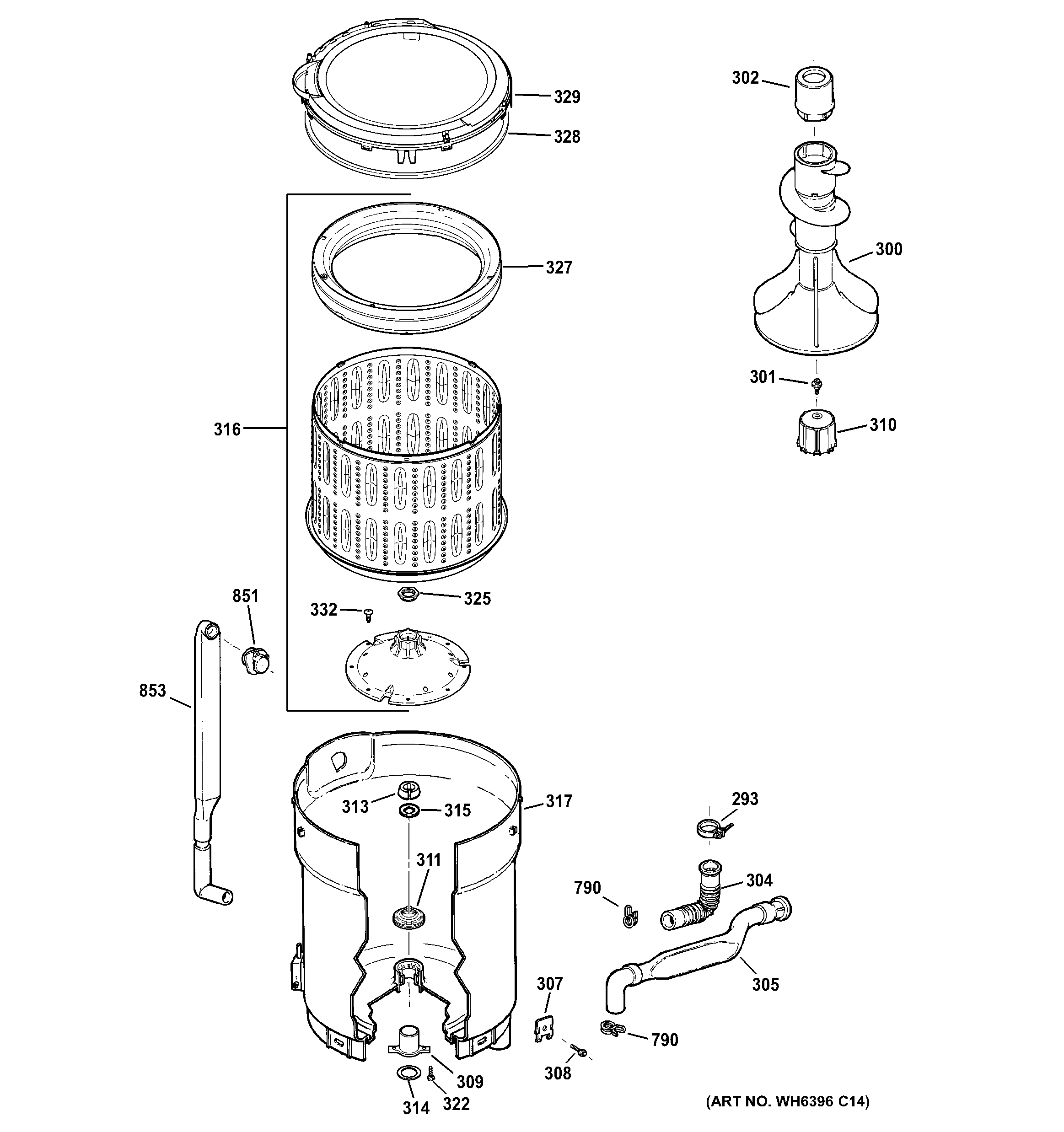 GE GTWN2800D0WW tub, basket & agitator diagram
