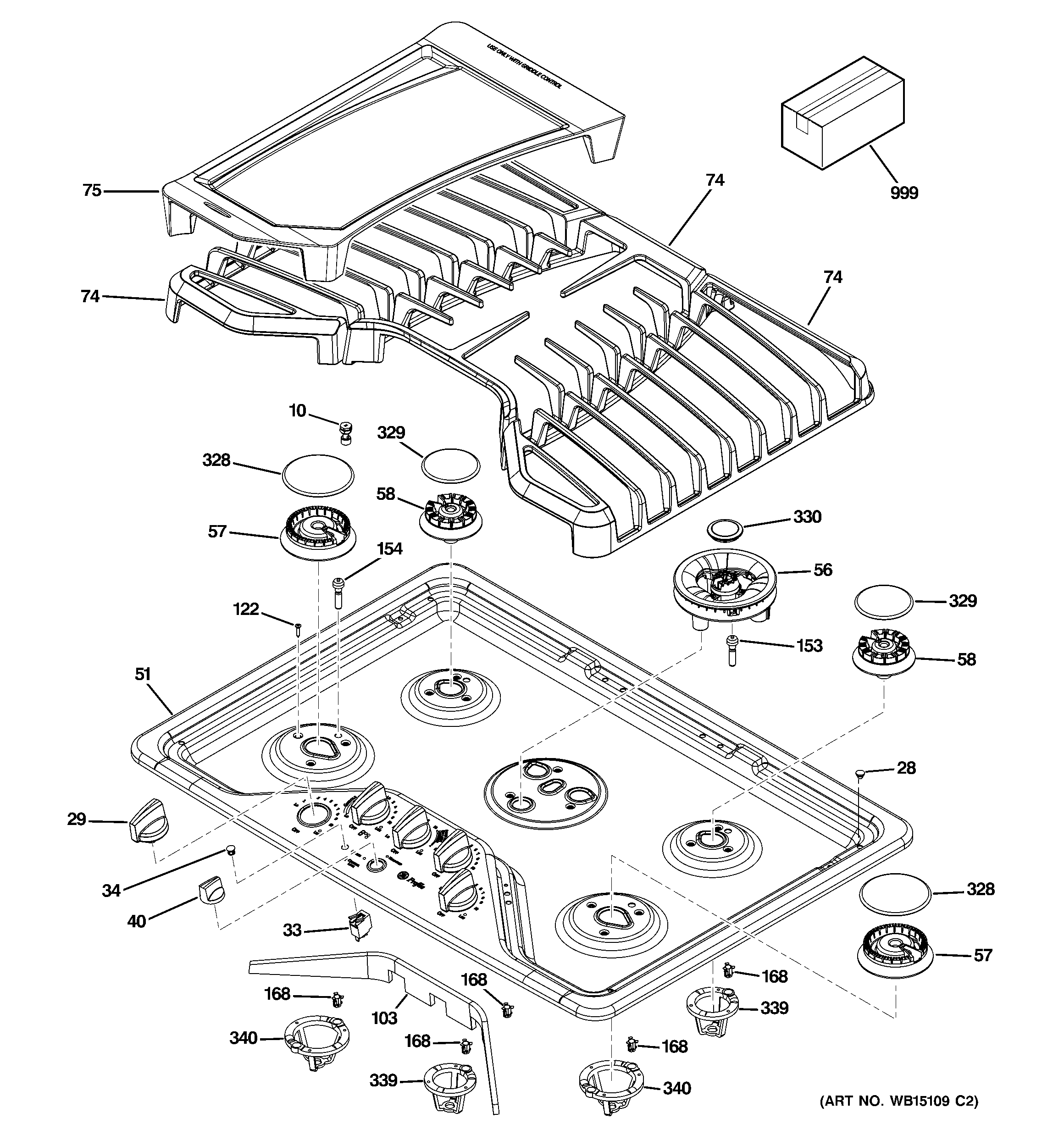 GE PGP959SET1SS control panel & cooktop diagram