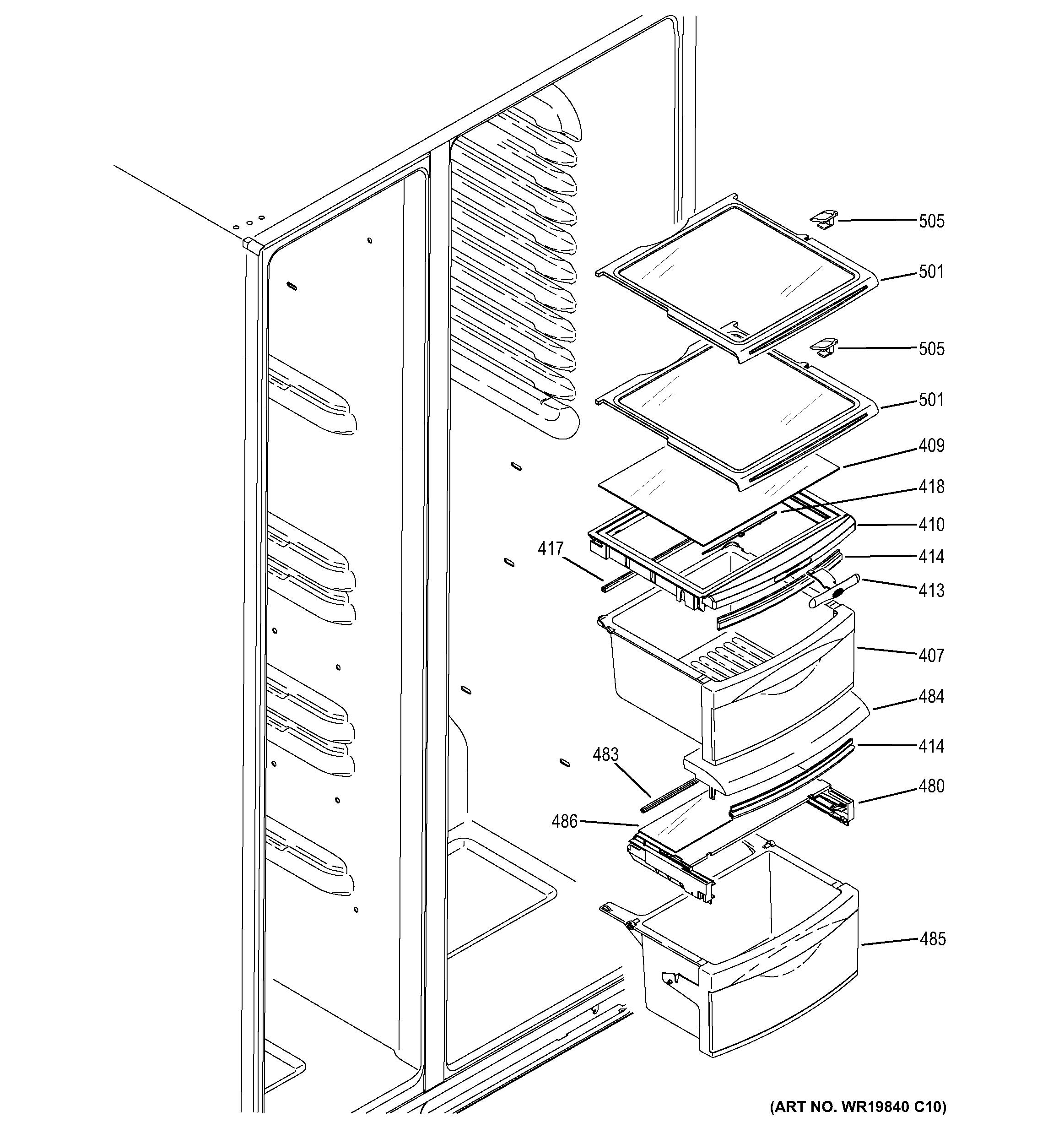 GE GSS25CSHBCSS fresh food shelves diagram