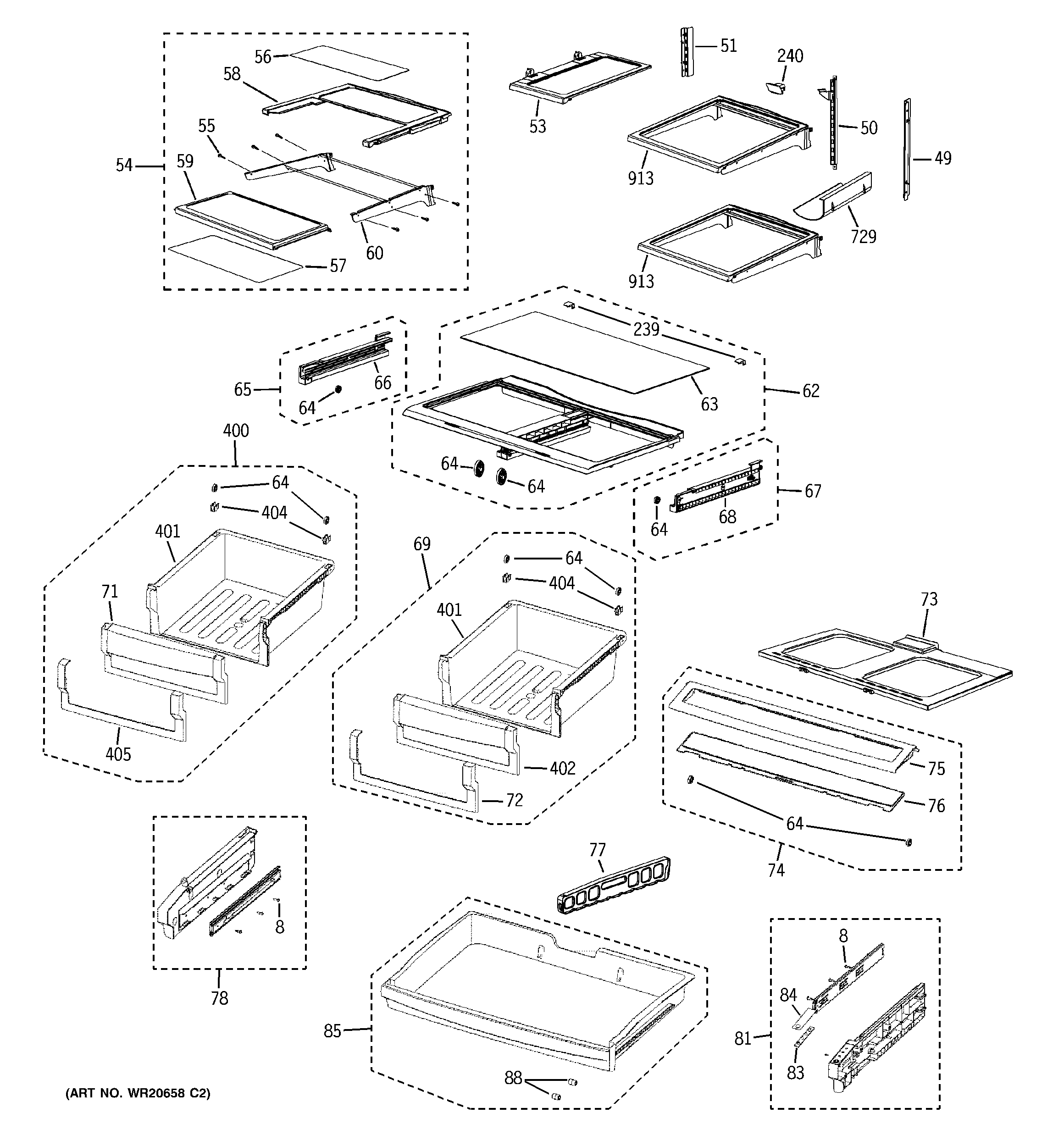GE PFSS9PKYASS fresh food shelves diagram