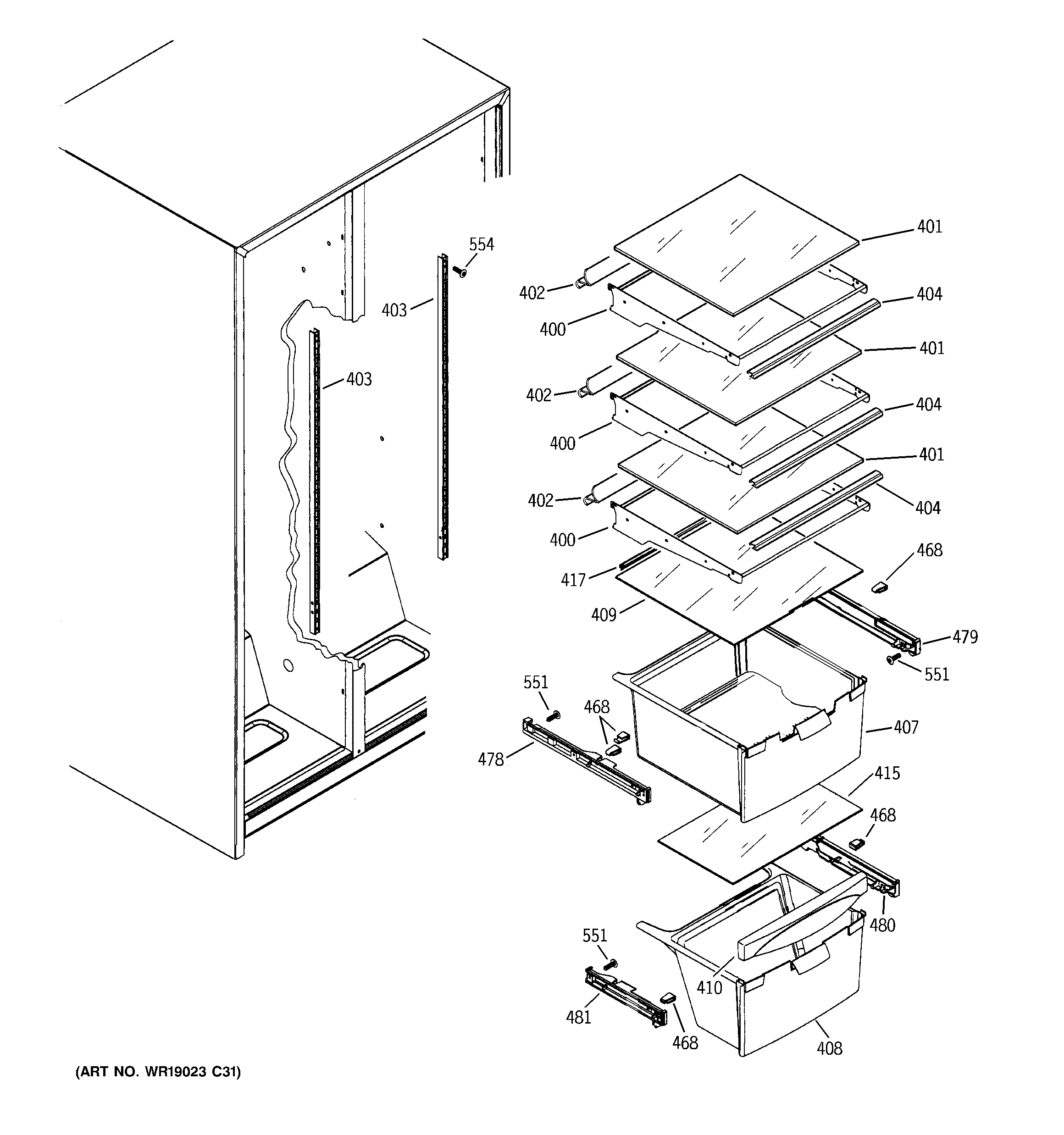 GE GSS20GEWPWW fresh food shelves diagram