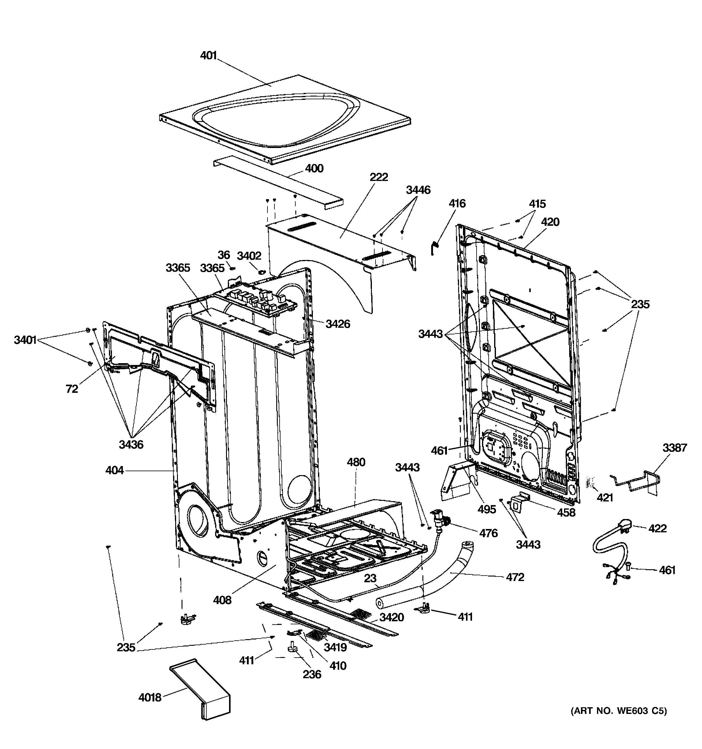 GE PFDS450GL0WW cabinet & top panel diagram