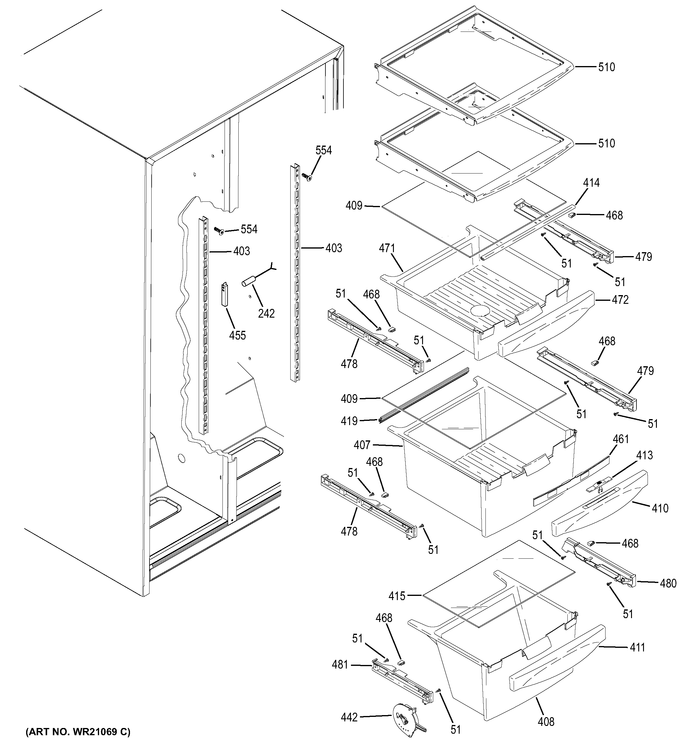 GE GSF25JGDSWW fresh food shelves diagram