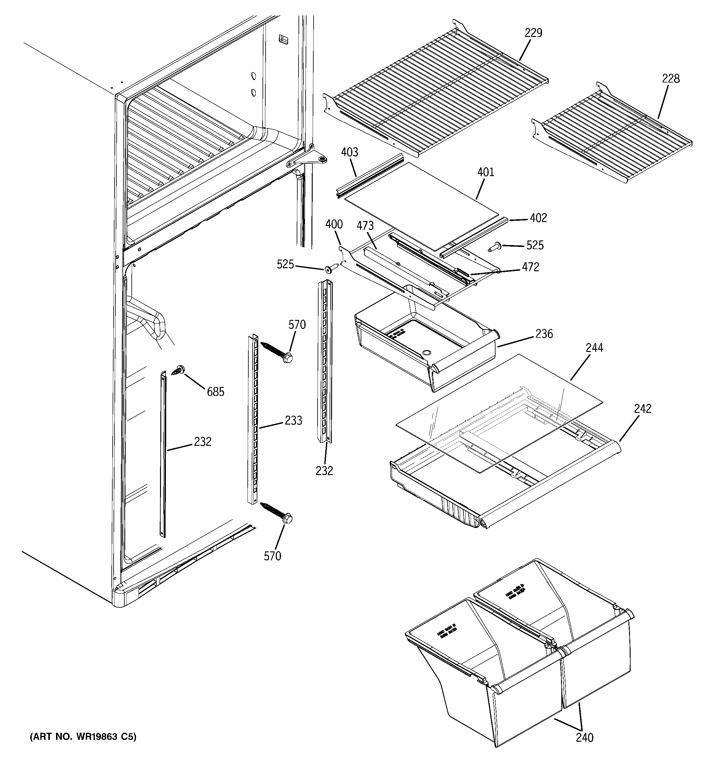 GE GTH18ECELRBB fresh food shelves diagram
