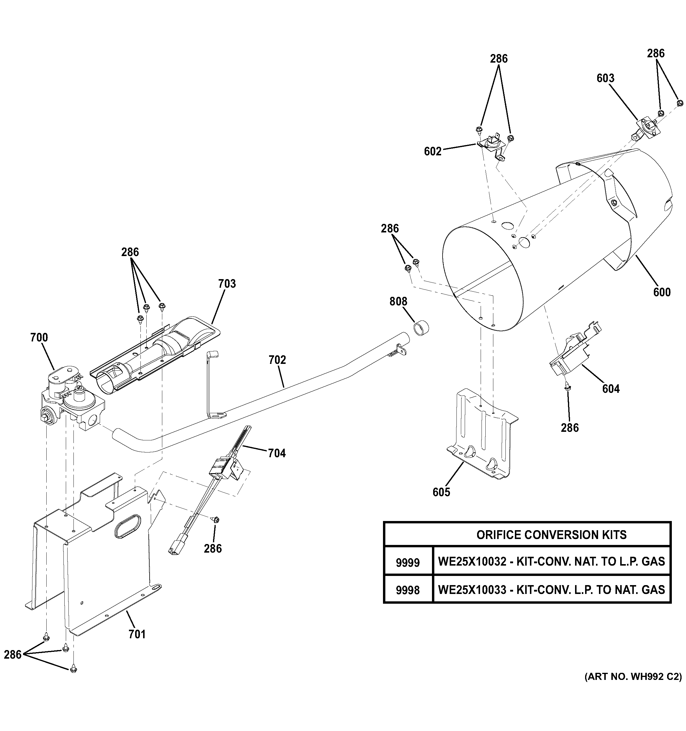GE GHDS365GF0MC gas valve & burner assembly diagram