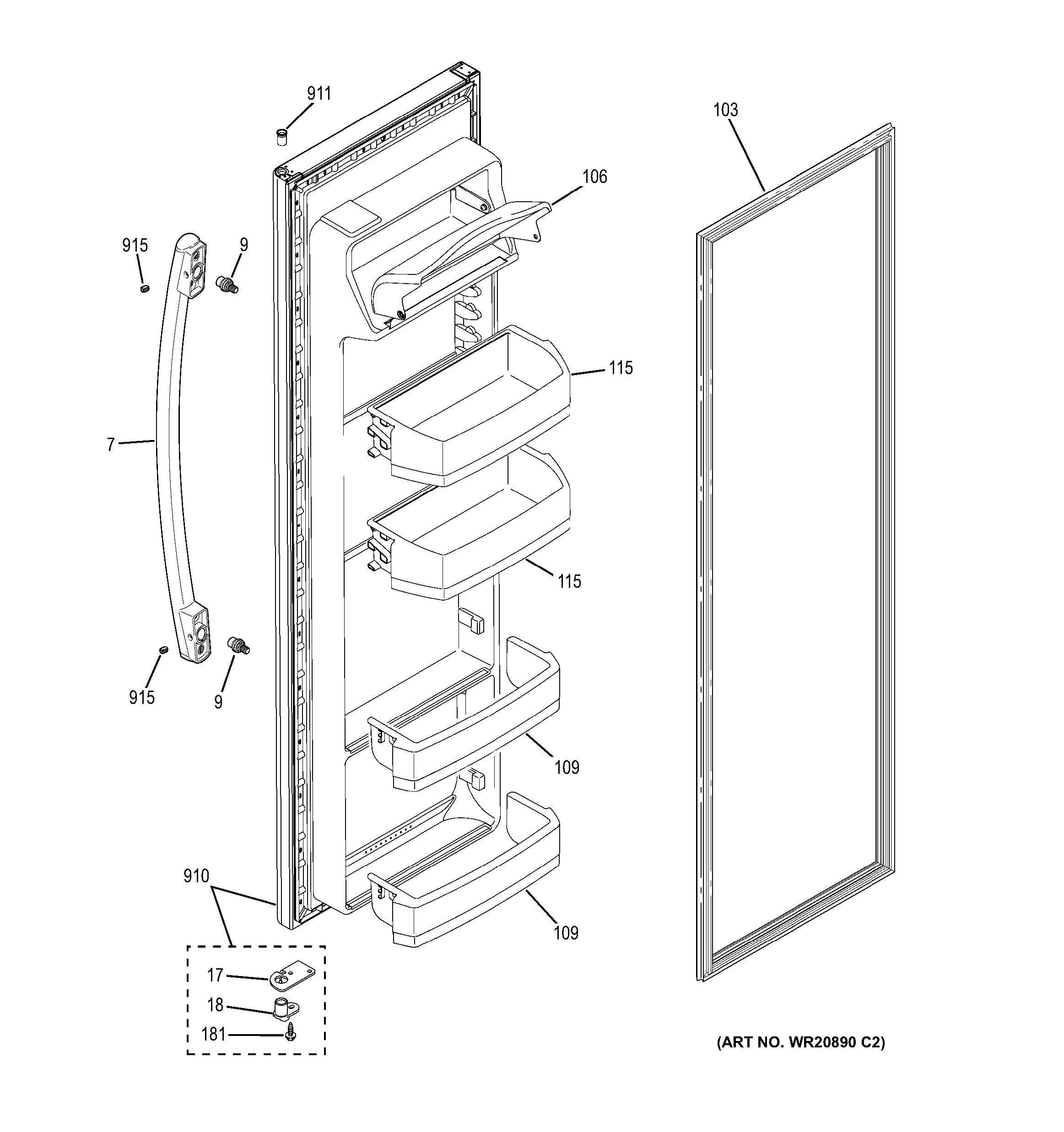 GE GSS25ETHBWW fresh food door diagram