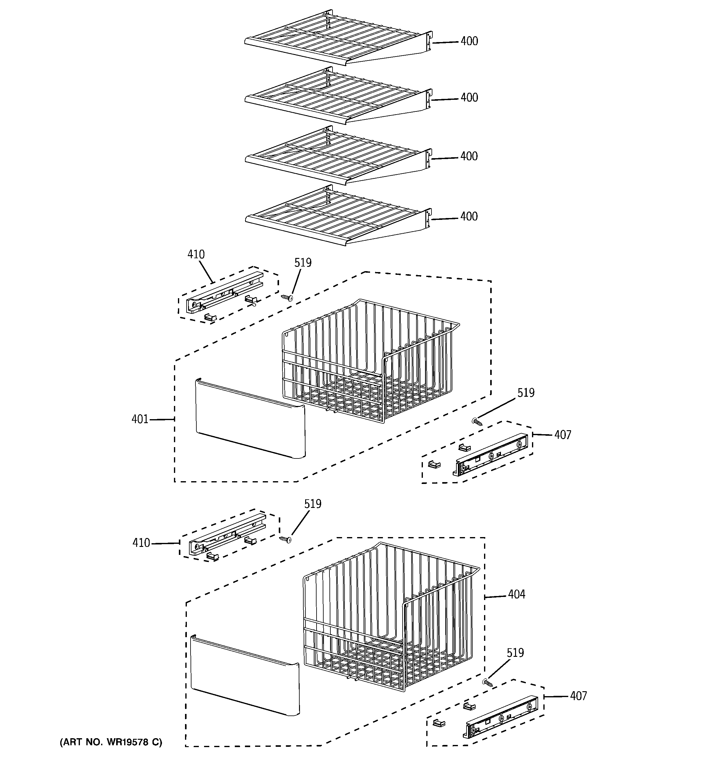 GE PSB42YPHASV freezer shelves diagram