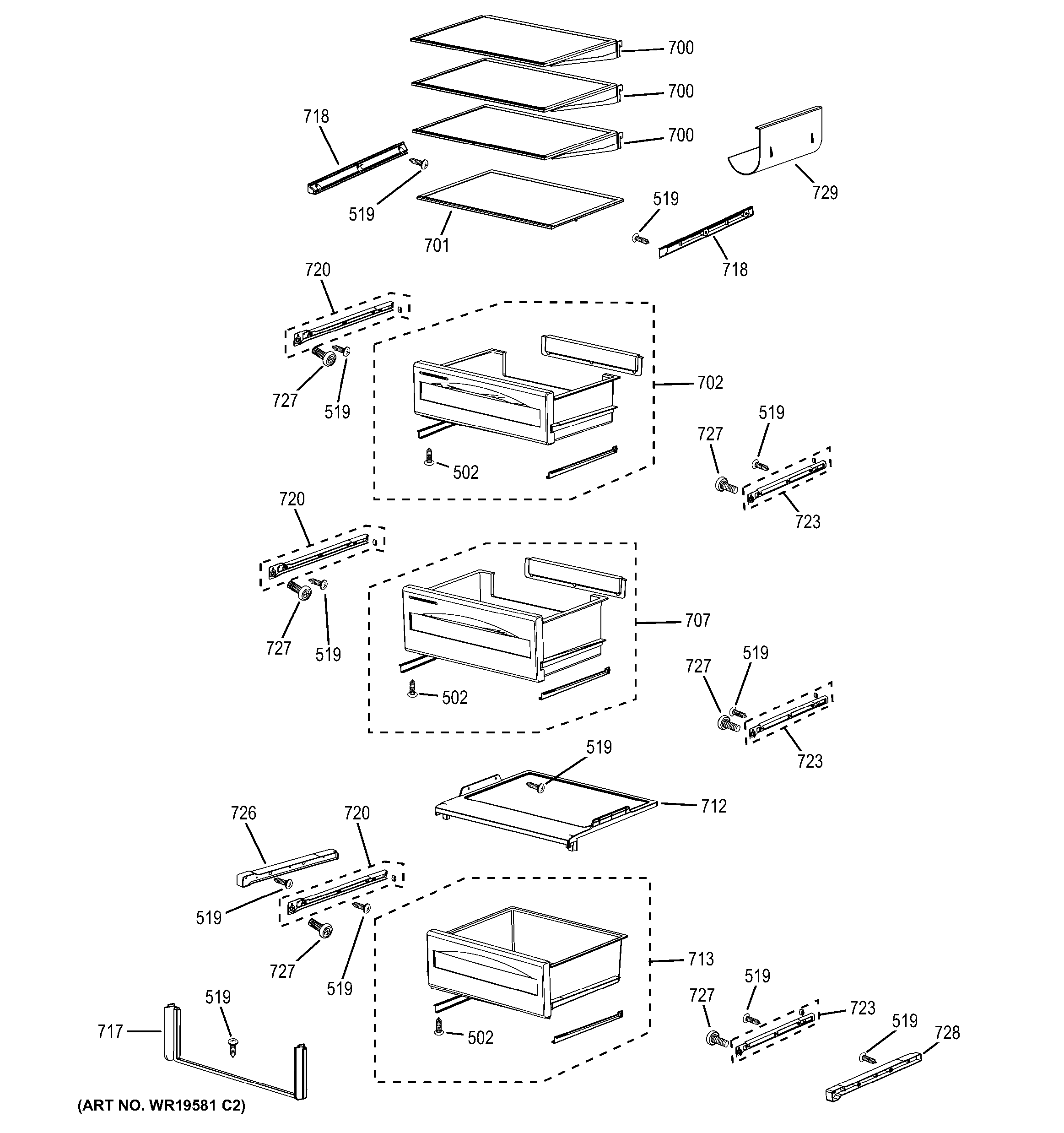 GE PSB42YPHASV fresh food shelves diagram