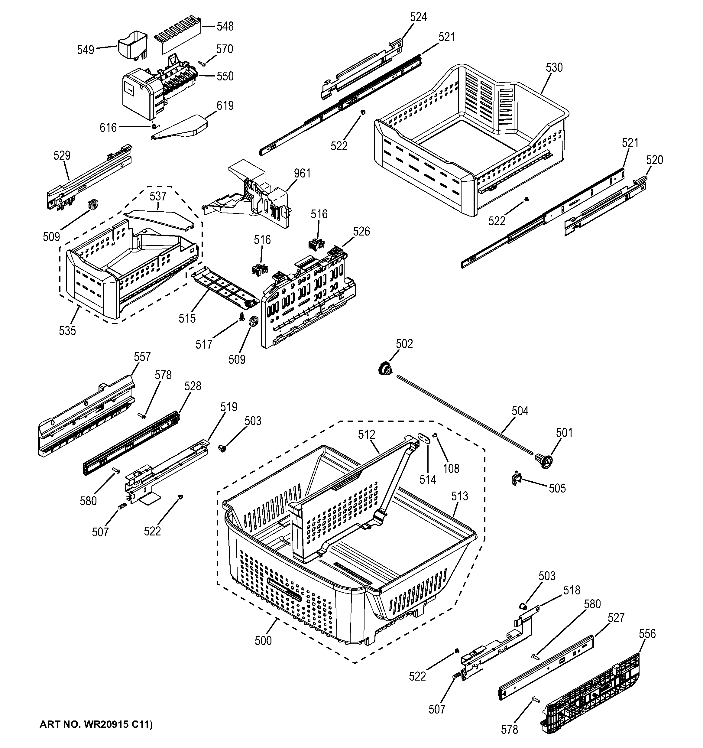 GE PWE23KSDCSS freezer shelves diagram