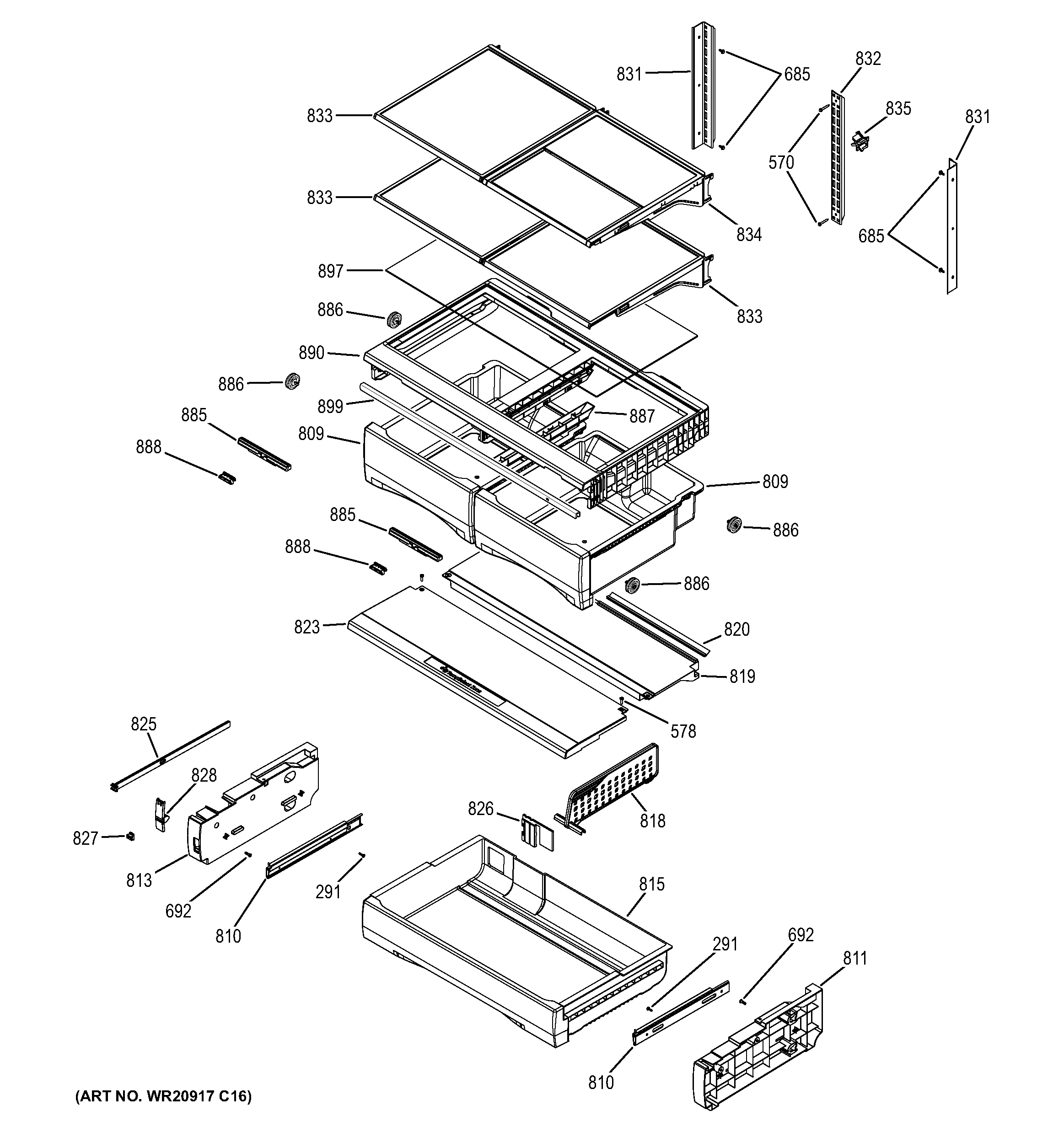 GE PWE23KSDCSS fresh food shelves diagram