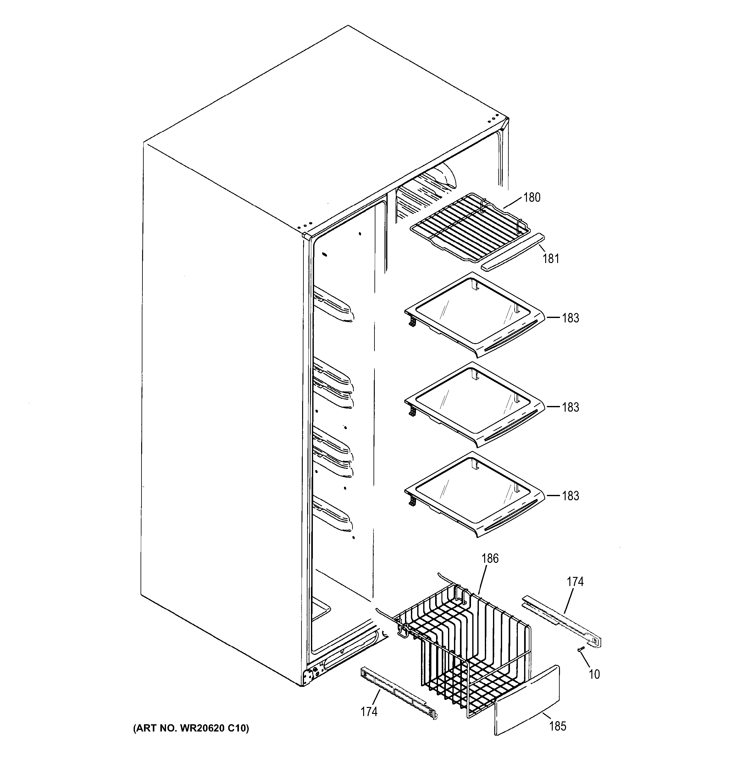 GE GSS23HGHBCWW freezer shelves diagram