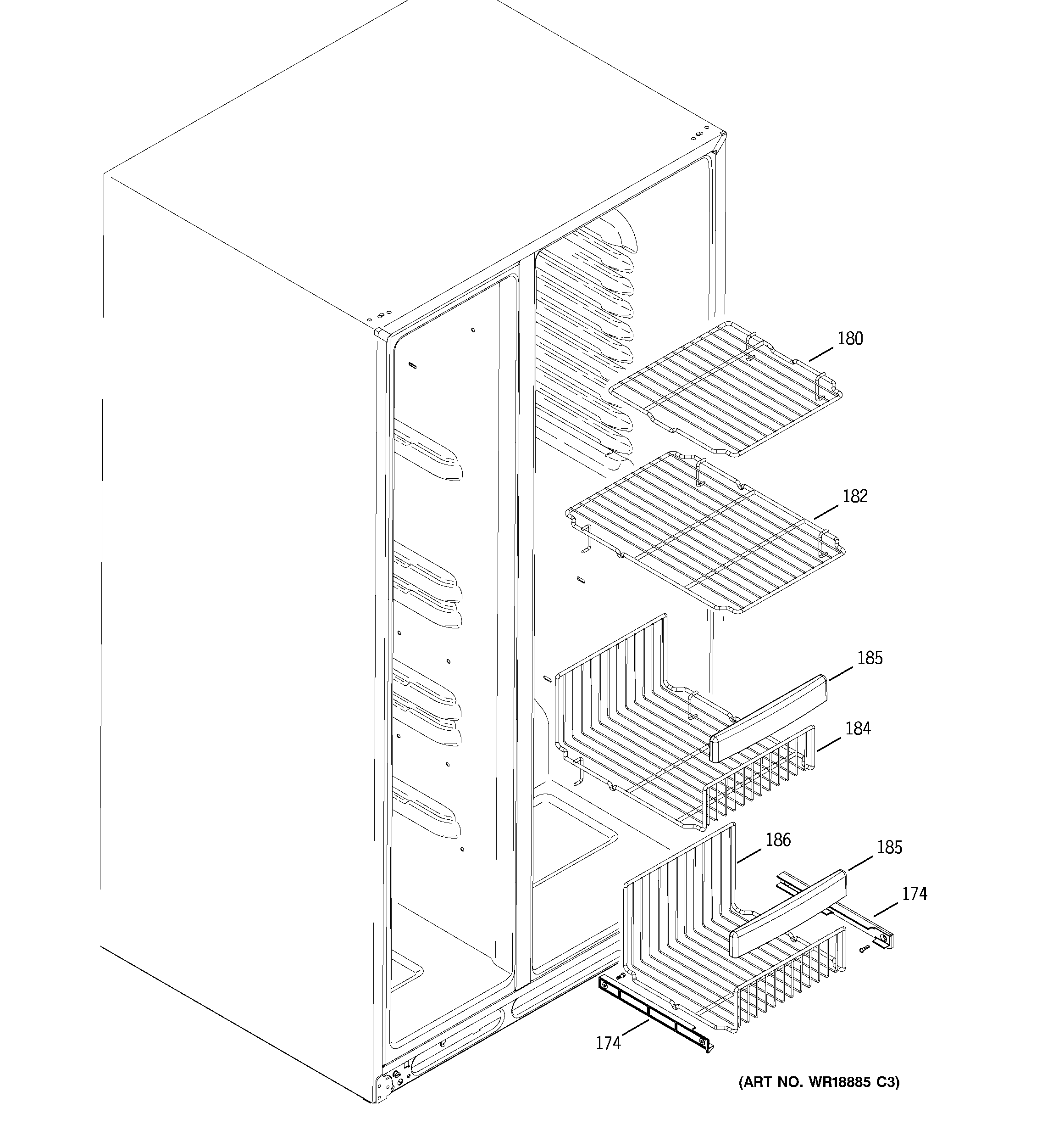 GE PSS26LGSCWW freezer shelves diagram