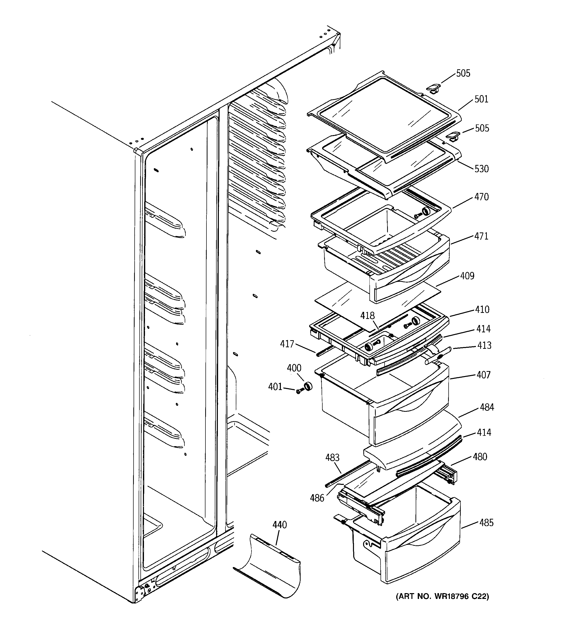 GE PSS26LGSCWW fresh food shelves diagram