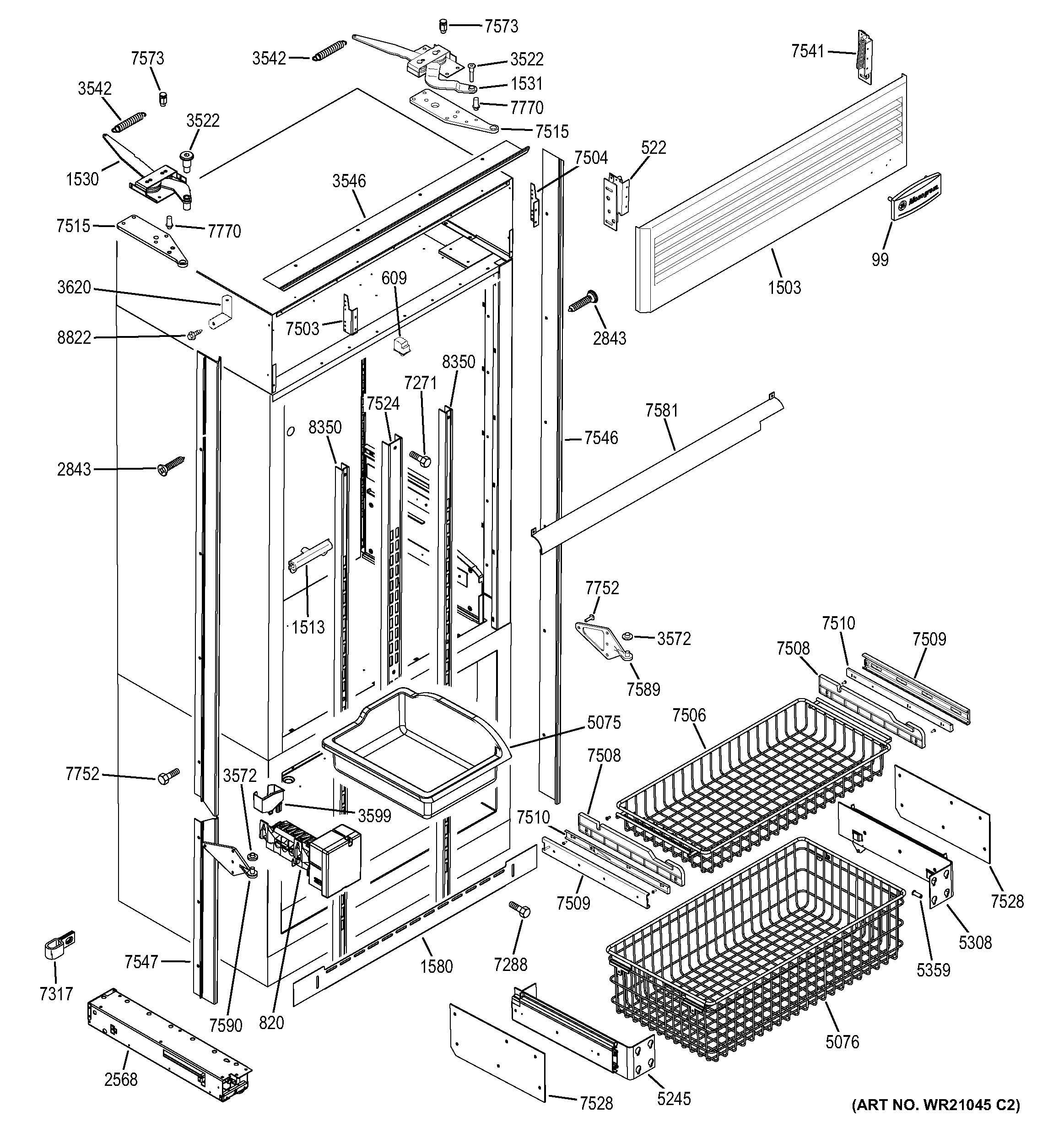 GE ZIPP360NZA freezer section, trim & components diagram
