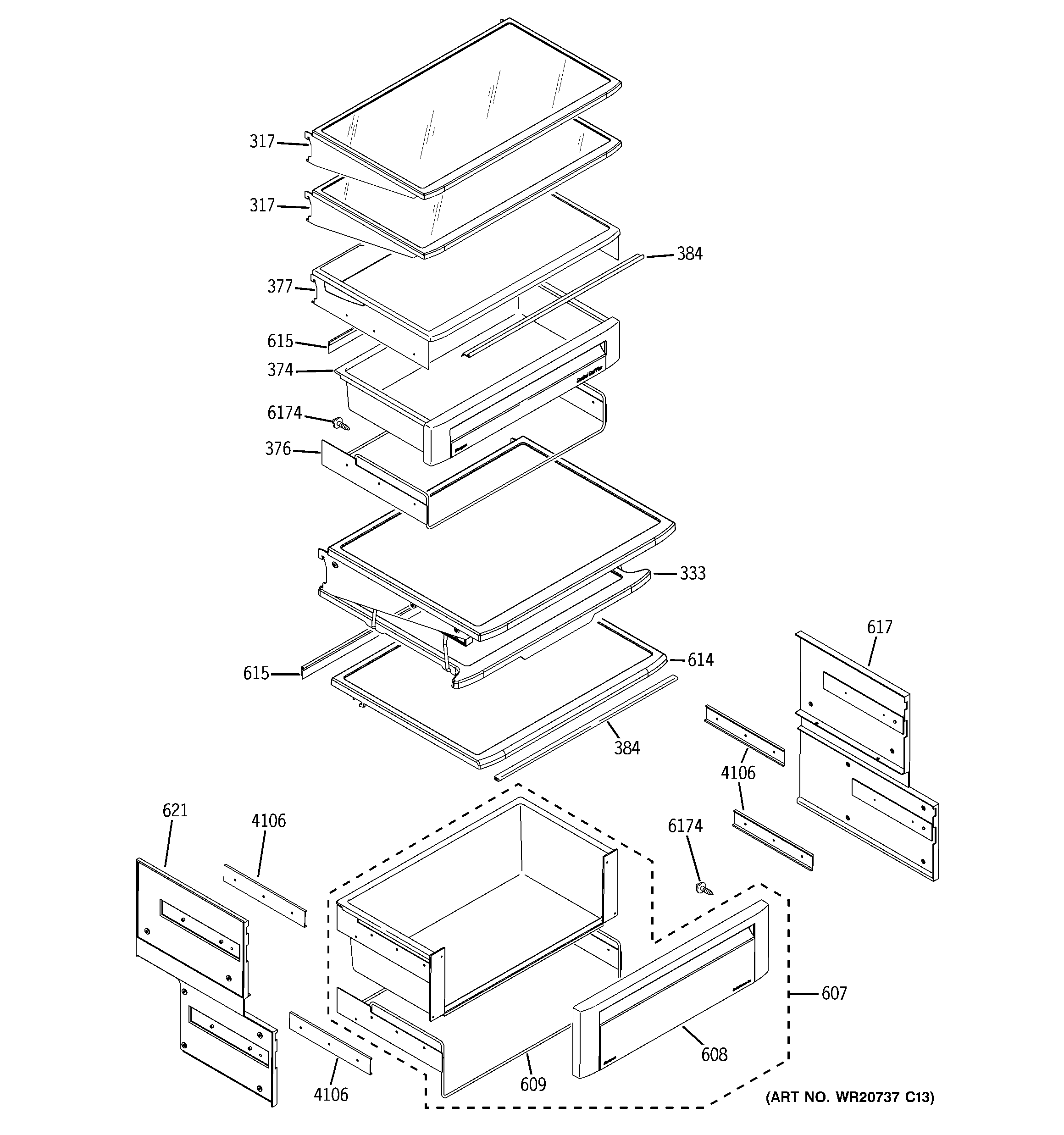 GE ZIS480NXB fresh food shelves diagram