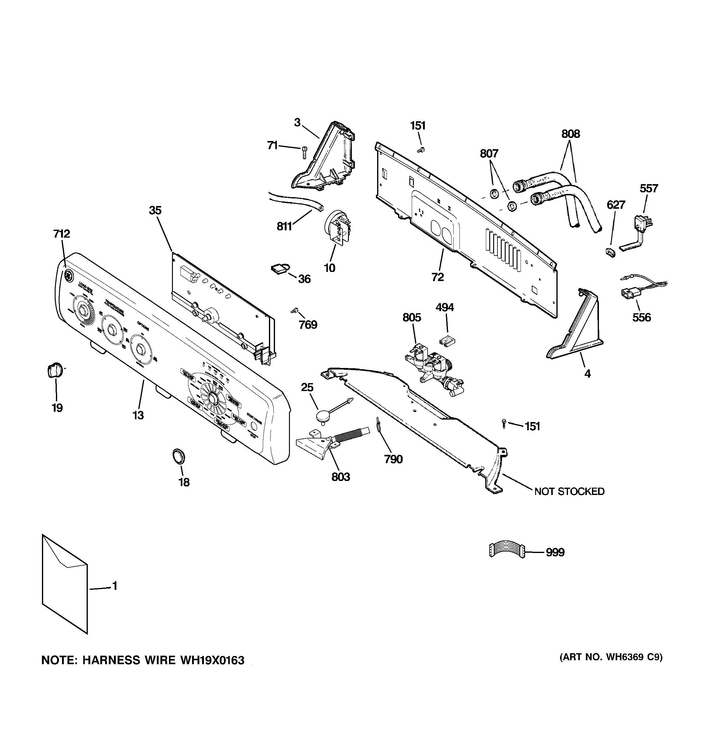 GE GCWN4950D1WS controls & backsplash diagram