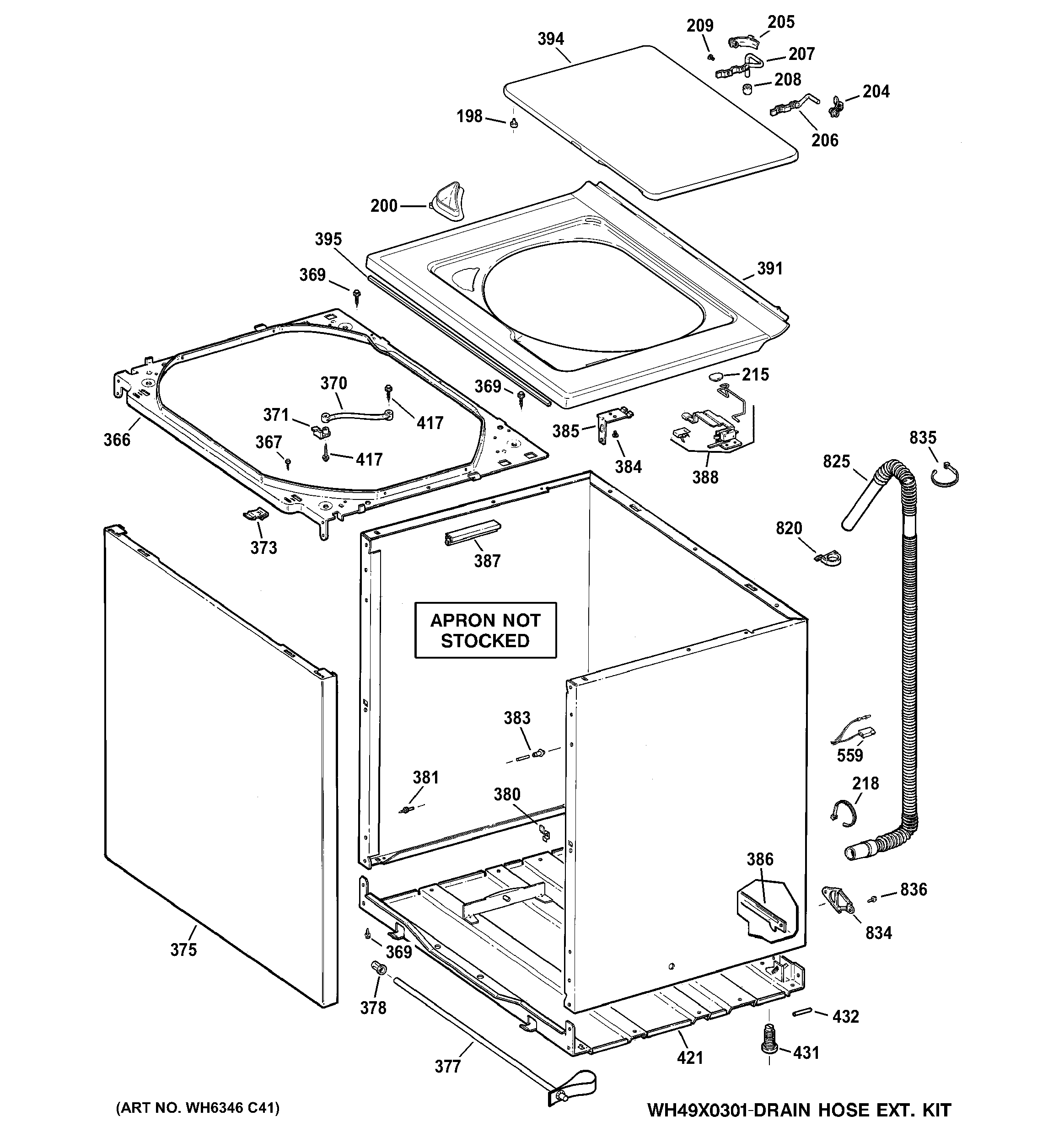 GE GTWN4950D0WS cabinet, cover & front panel diagram