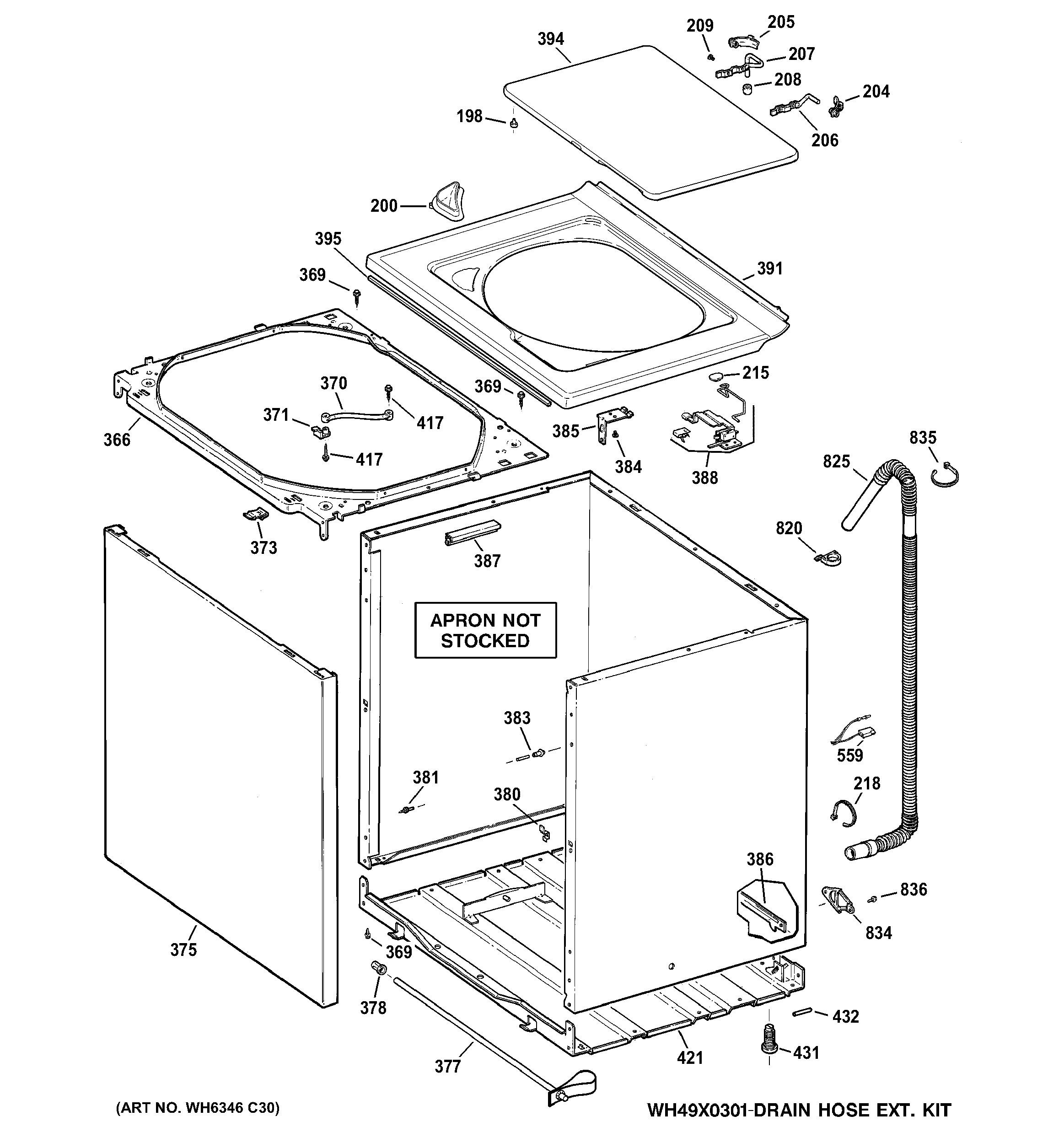 GE GTWN4950F0WW cabinet, cover & front panel diagram