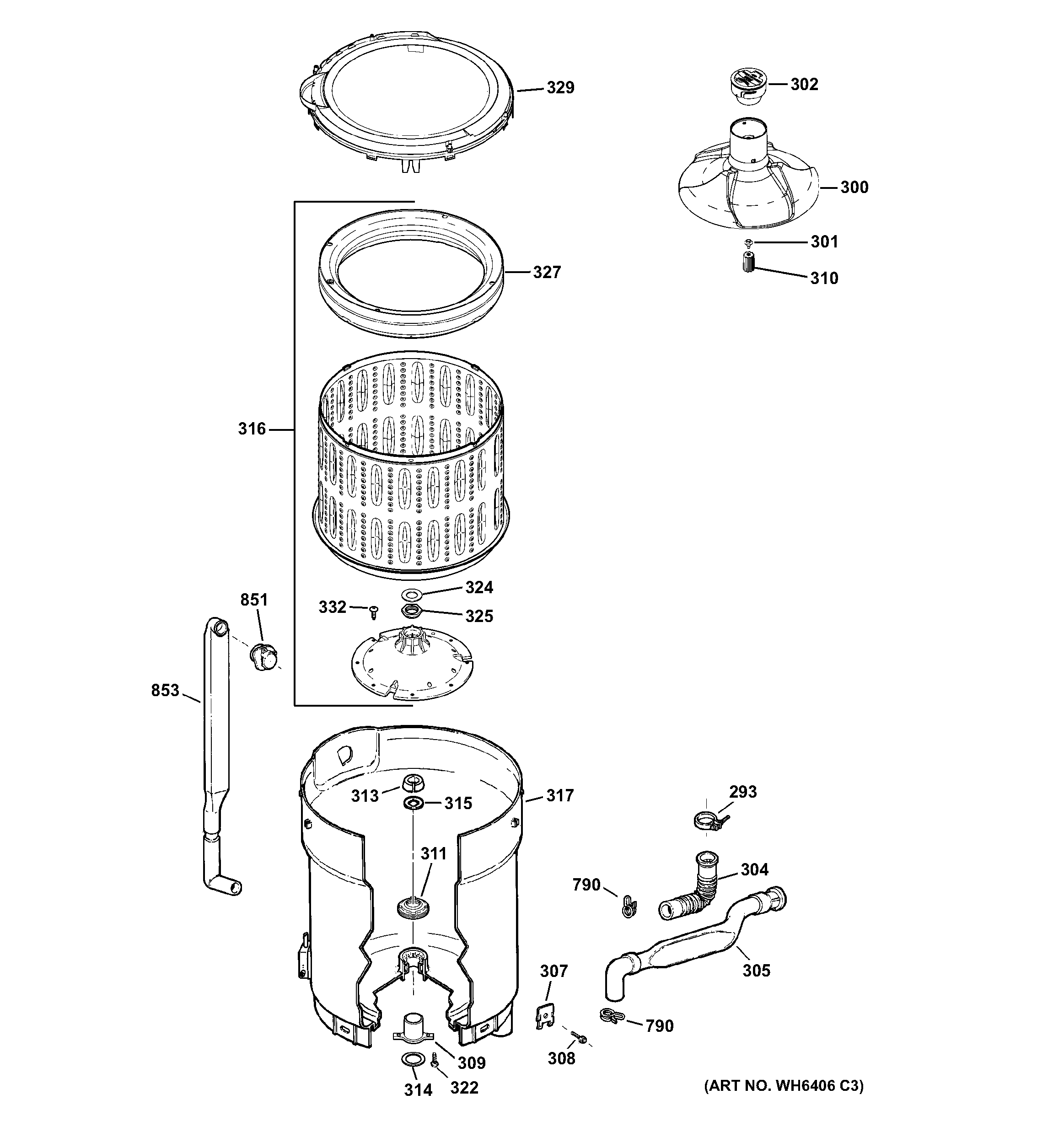 GE GTWN4950F0WW tub, basket & agitator diagram