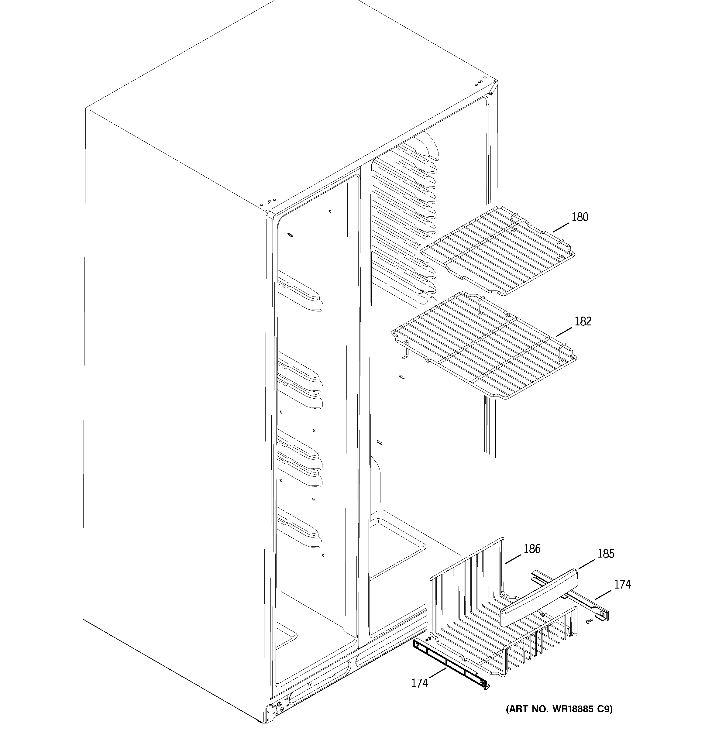 GE GSF26KHWAWW freezer shelves diagram