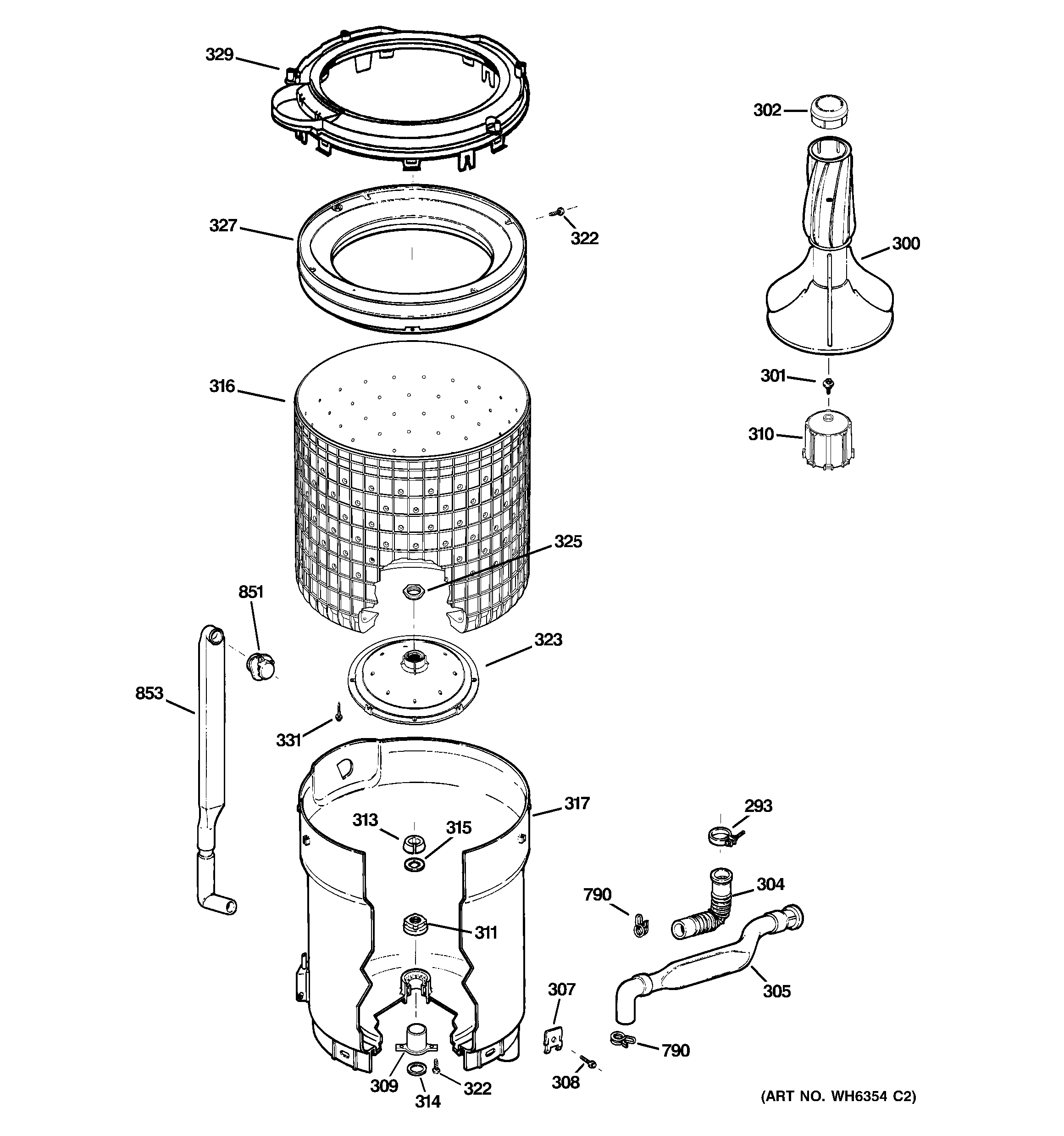 GE GCAP1000M0WW tub, basket & agitator diagram