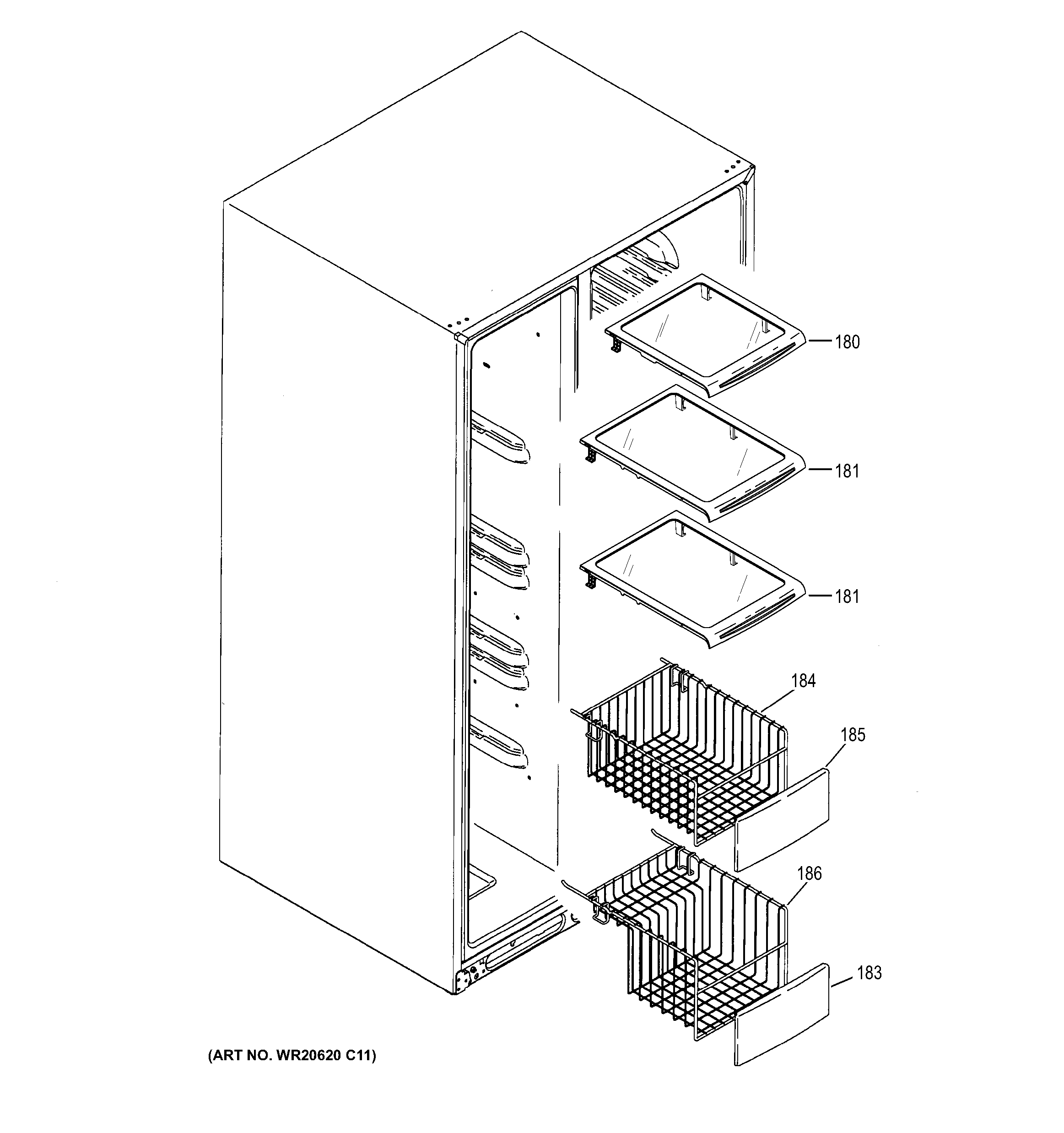 GE GSE25HMHBHES freezer shelves diagram