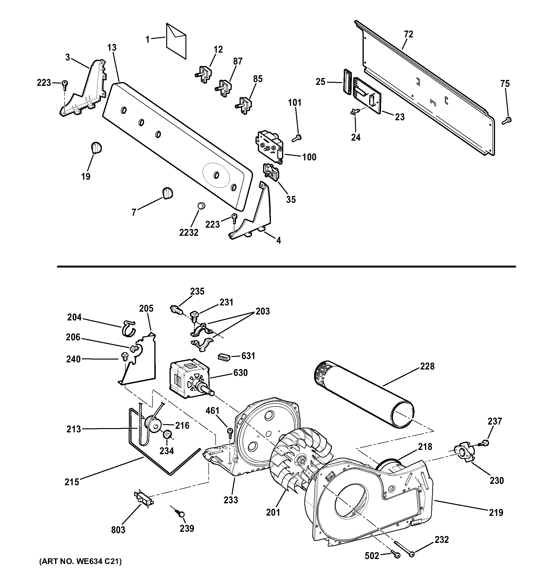GE GHDP490EF3WW backsplash, blower & motor assembly diagram