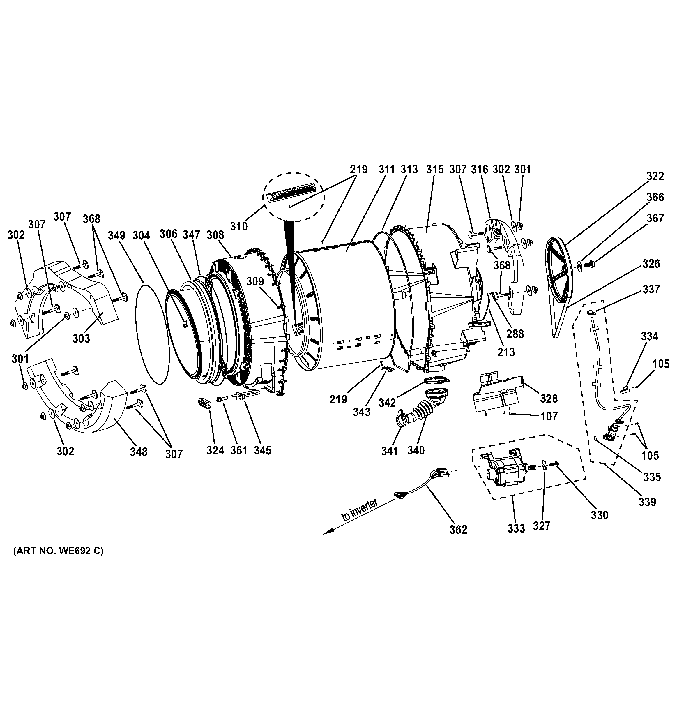 GE GFWS1700H0WW tub & motor diagram